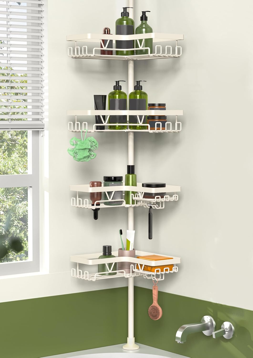 KEGII Corner Shower Caddy Tension Pole - Shower Tension Rod Organizer, Floor to Ceiling Shower Caddy 25-114.2 inch, Towel Rack Corner Waterproof, Black