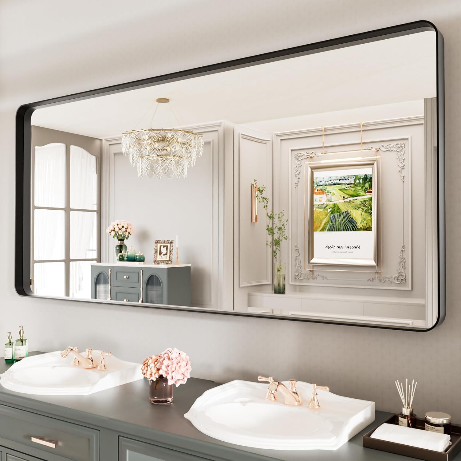 LOAAO Black Metal Framed Bathroom Mirror for Wall, 22X30 Inch Rounded Rectangle Mirror, Matte Black Bathroom Vanity Mirror Farmhouse, Anti-Rust, Hangs Horizontally or Vertically