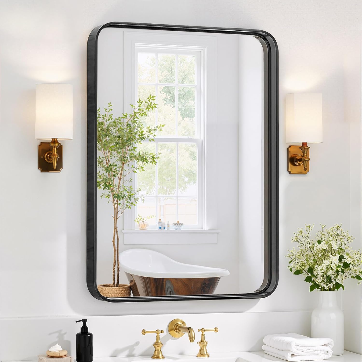 Bathroom Mirror 36x24 Inch Black Metal Frame Rectangle Vanity Mirror with Rounded Corners, Modern Wall Mounted Anti-Rust Mirror for Farmhouse, Restroom, Entryway, Horizontal or Vertical Hanging