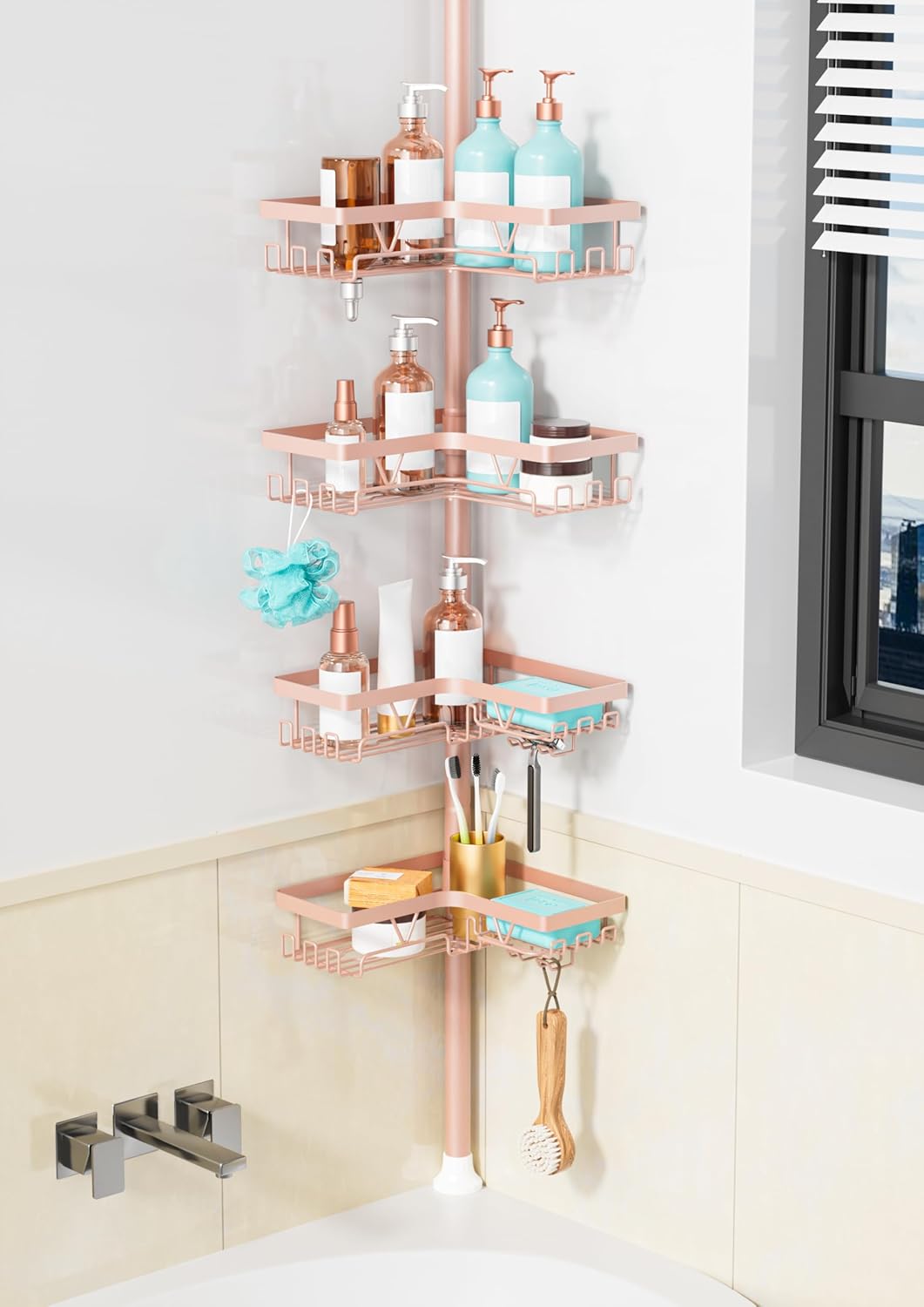 KEGII Corner Shower Caddy Tension Pole - Shower Tension Rod Organizer, Floor to Ceiling Shower Caddy 25-114.2 inch, Towel Rack Corner Waterproof, Black