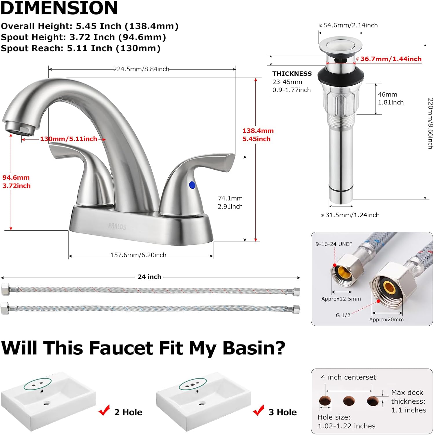 PARLOS 2-Handle Bathroom Sink Faucet with Drain Assembly and Supply Hose Lead-Free cUPC Lavatory Faucet Mixer Double Handle Tap Deck Mounted Brushed Nickel,13598