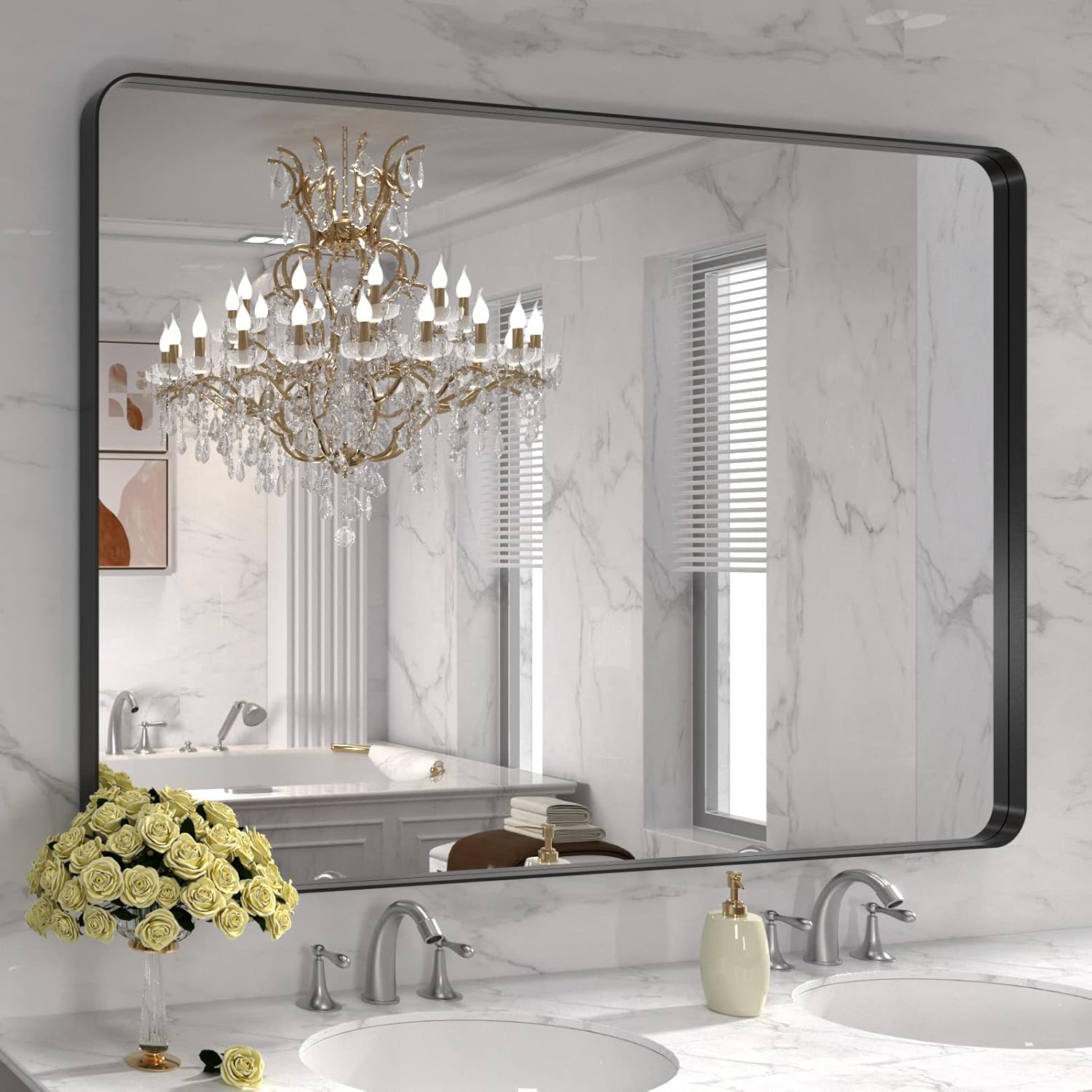 LOAAO Black Metal Framed Bathroom Mirror for Wall, 22X30 Inch Rounded Rectangle Mirror, Matte Black Bathroom Vanity Mirror Farmhouse, Anti-Rust, Hangs Horizontally or Vertically