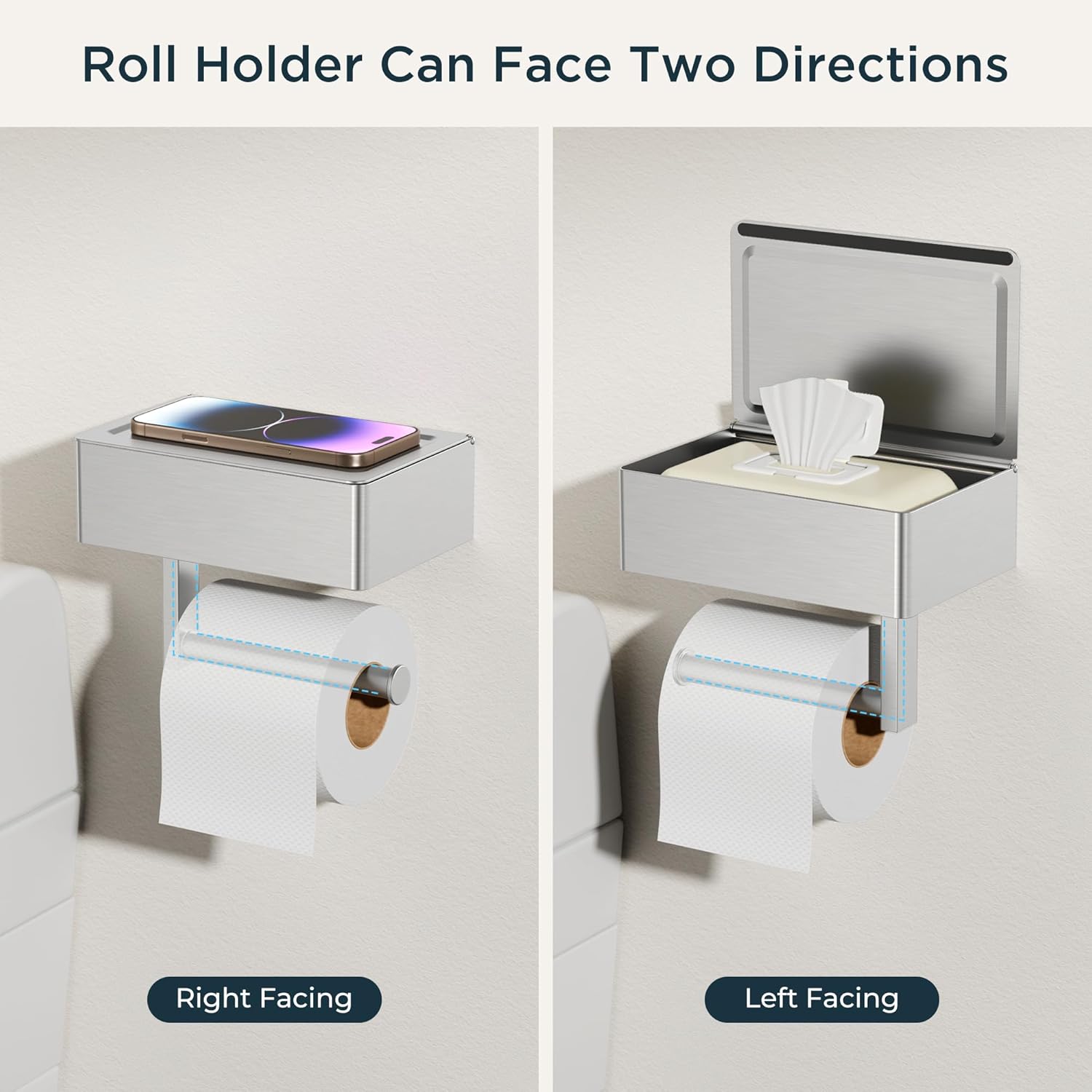 FORIOUS Toilet Paper Holder with Shelf, SUS304 Stainless Steel Wall Mount Toilet Paper Roll Holder, Flushable Wipes Dispenser Fits for Bathroom Wipe Storage, Bathroom Organizer (1, Brushed Nickel)