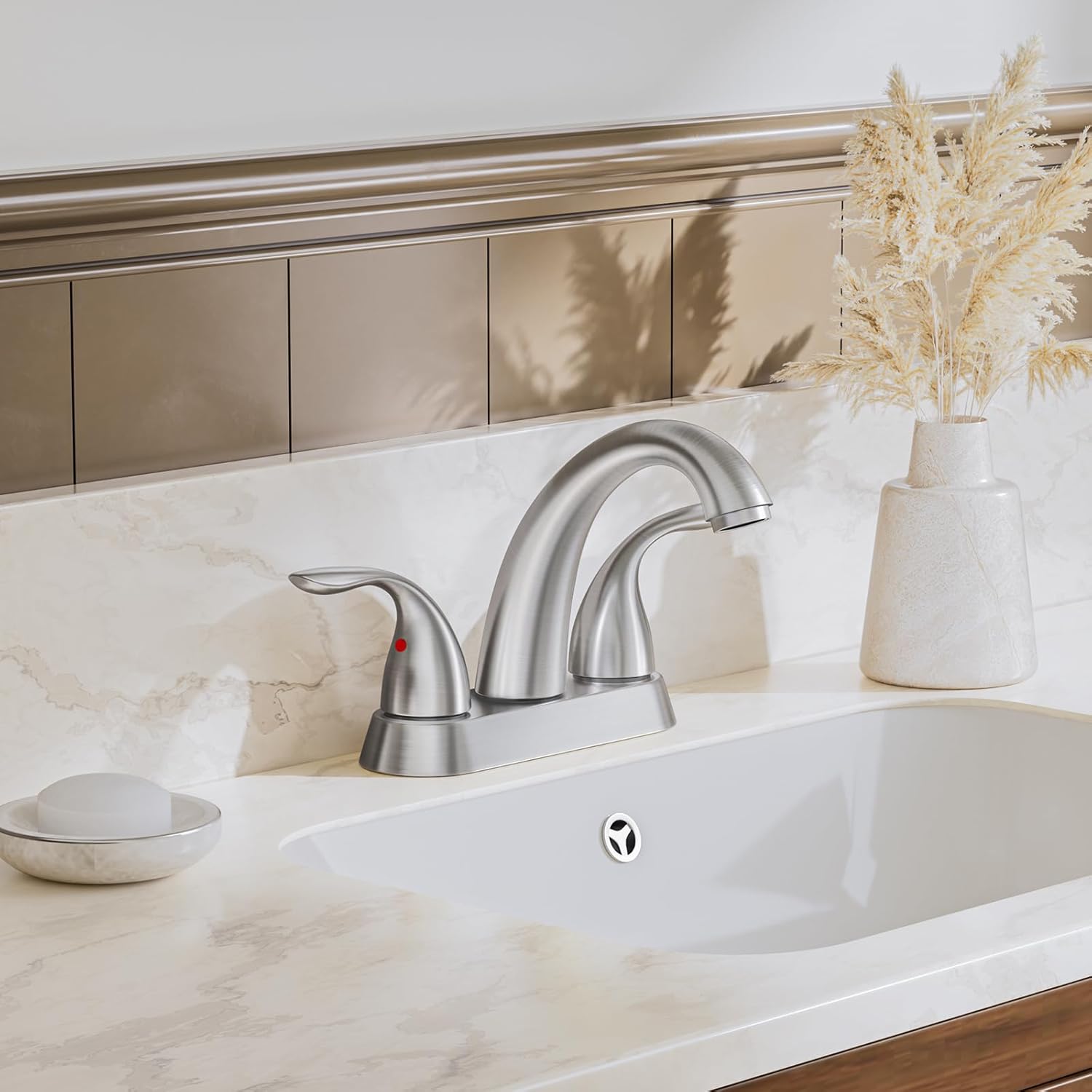 Phiestina Centerset 4 Inch Brushed Nickel 2 or 3 Holes Stainless Steel Bathroom Sink Faucet, 2 Handle Bathroom Faucet with Copper Pop Up Drain and Water Supply Lines, BF008-5-BN