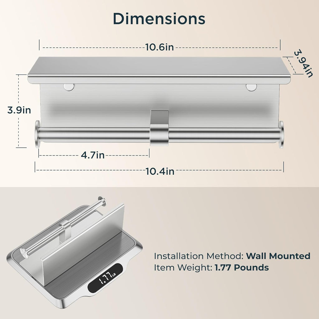 FORIOUS Double Toilet Paper Holder with Shelf, Wall Mount Tissue Roll Holder for Bathroom, 304 Stainless Steel Commercial Toilet Tissue Dispensers with Phone Shelf (1, Stainless Steel)