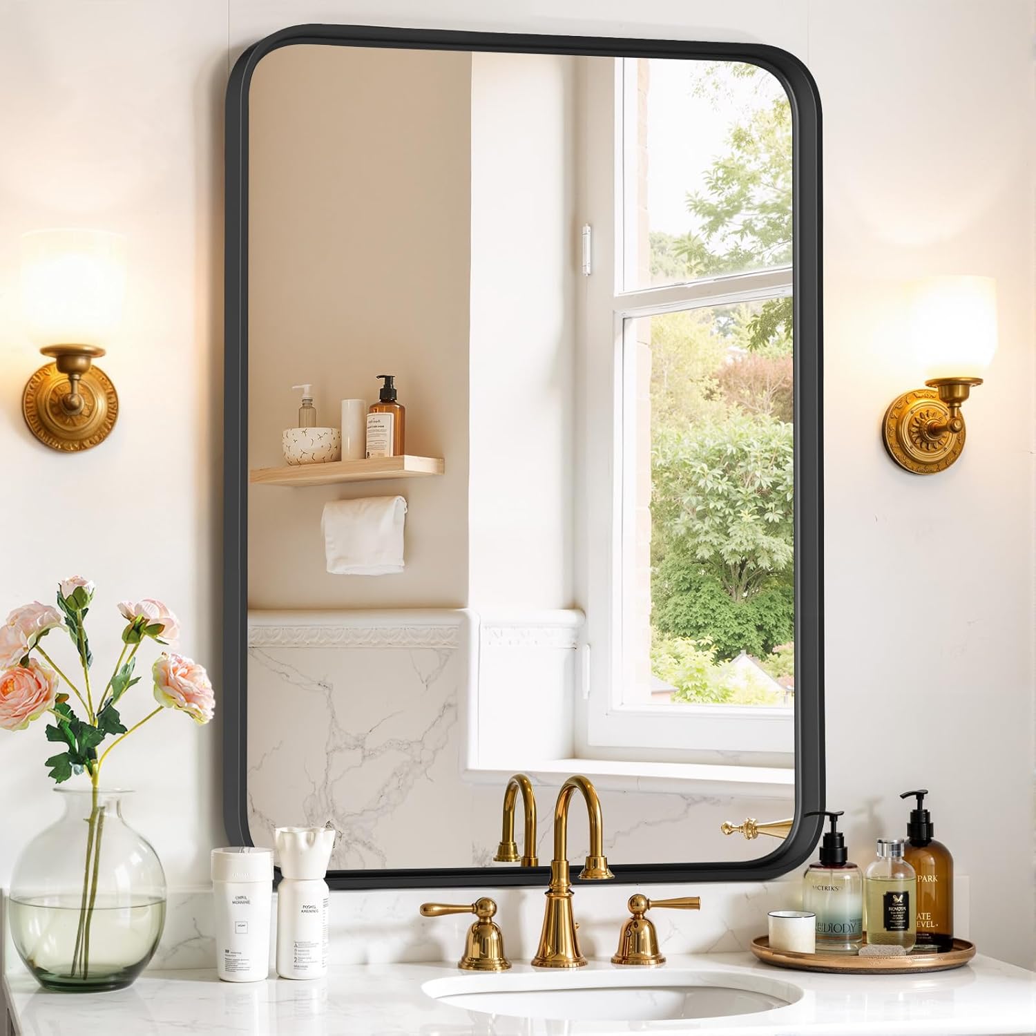 Bathroom Mirror 36x24 Inch Black Metal Frame Rectangle Vanity Mirror with Rounded Corners, Modern Wall Mounted Anti-Rust Mirror for Farmhouse, Restroom, Entryway, Horizontal or Vertical Hanging