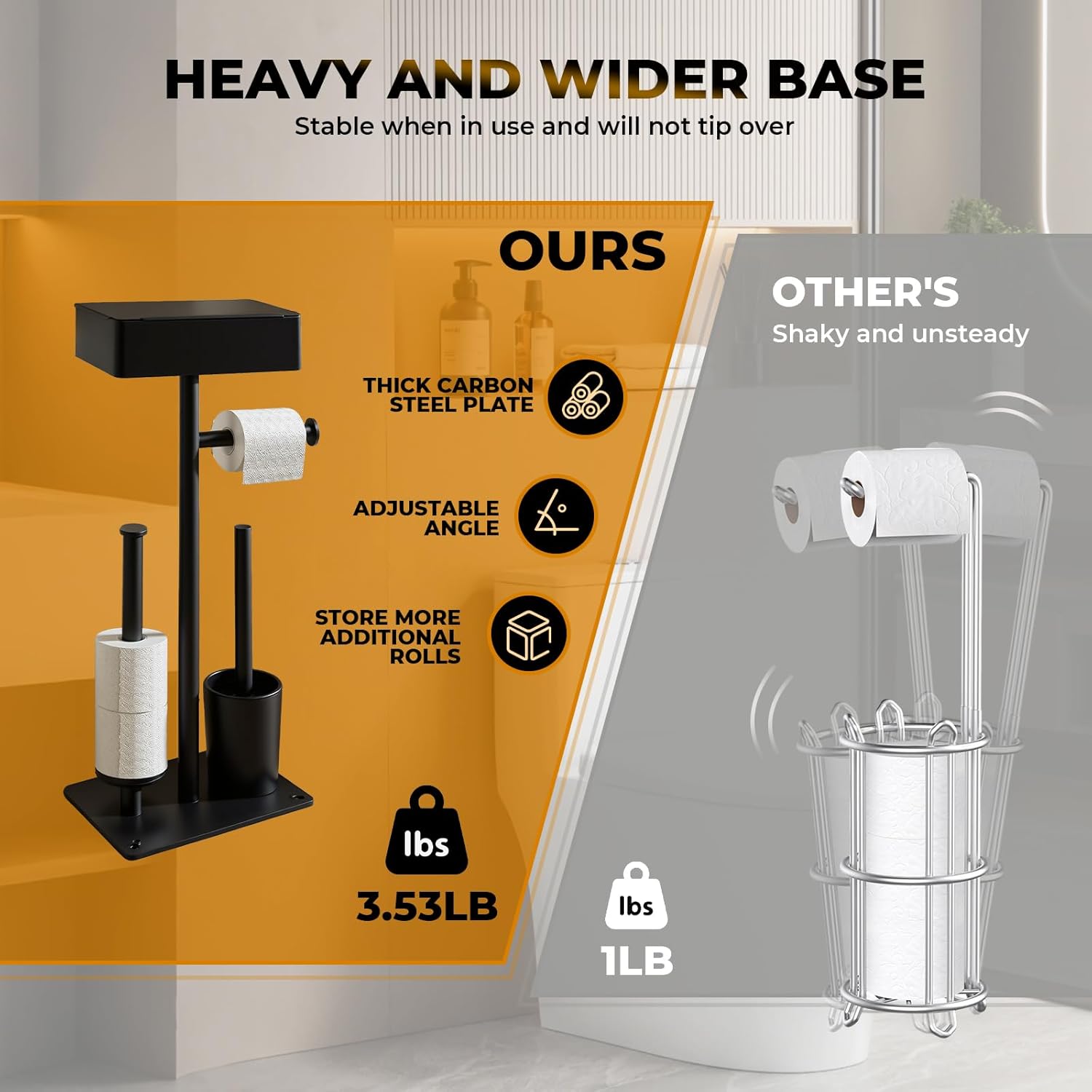 Freestanding Toilet Paper Holder Stand with Shelf for 7 Rolls, Free Standing Black Toilet Paper Roll Holder with Wipes Storage Drawer, Rustproof Metal Floor Bathroom Tissue Holder for Bathroom