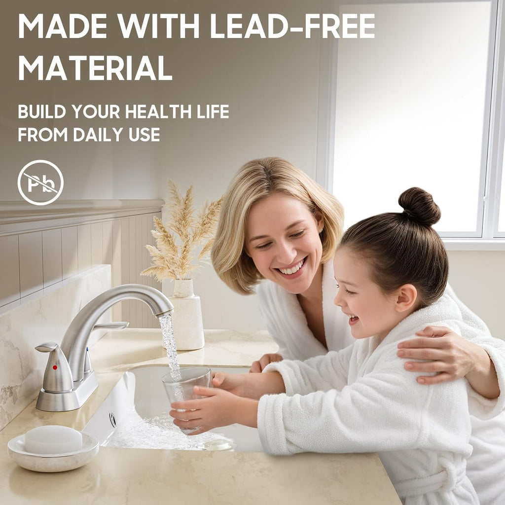 Phiestina Centerset 4 Inch Brushed Nickel 2 or 3 Holes Stainless Steel Bathroom Sink Faucet, 2 Handle Bathroom Faucet with Copper Pop Up Drain and Water Supply Lines, BF008-5-BN