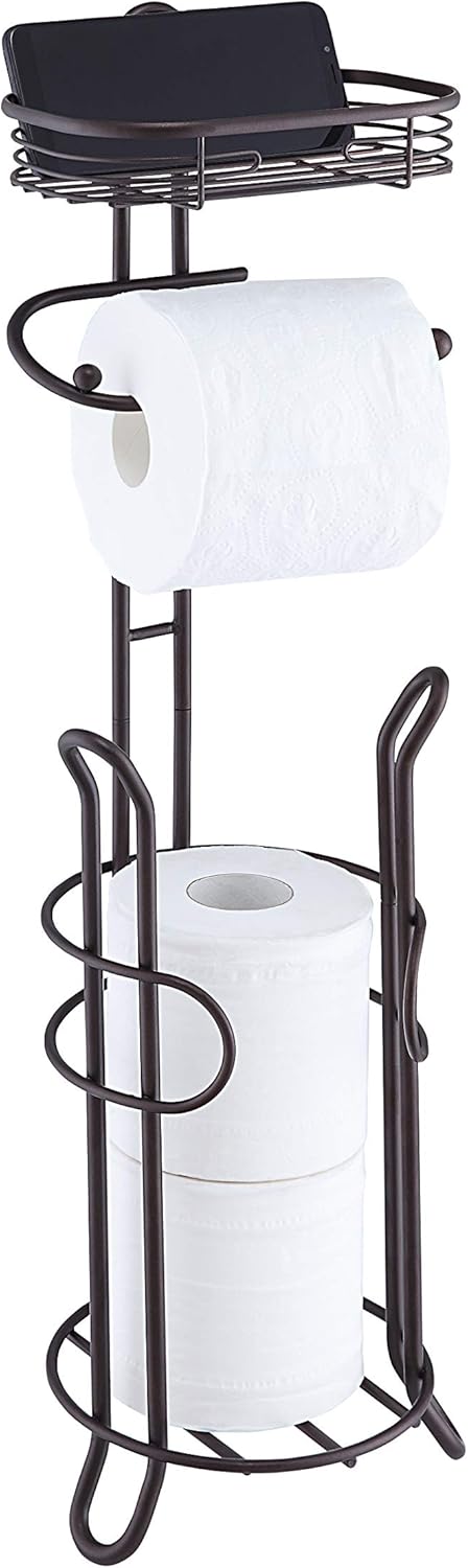 SunnyPoint Bathroom Heavyweight Toilet Tissue Paper Roll Storage Holder Stand with Reserve and Shelve, The Reserve Area Has Enough Space to Store Mega Rolls. (Chrome)