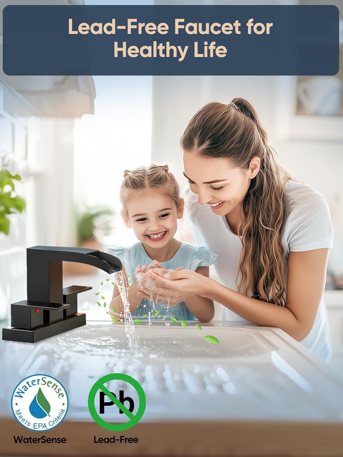 Cobbe Waterfall Bathroom Faucets 3 Hole, Matte Black Bathroom Sink Faucet Square 4 Inch Centerset with Pop-Up Drain, 2 Handle and 2 Supply Hoses, Lead-Free Stainless Steel for Vanity Sink Rv