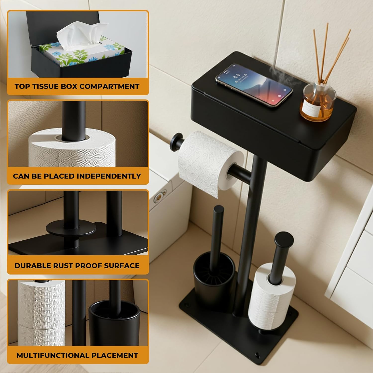 Freestanding Toilet Paper Holder Stand with Shelf for 7 Rolls, Free Standing Black Toilet Paper Roll Holder with Wipes Storage Drawer, Rustproof Metal Floor Bathroom Tissue Holder for Bathroom