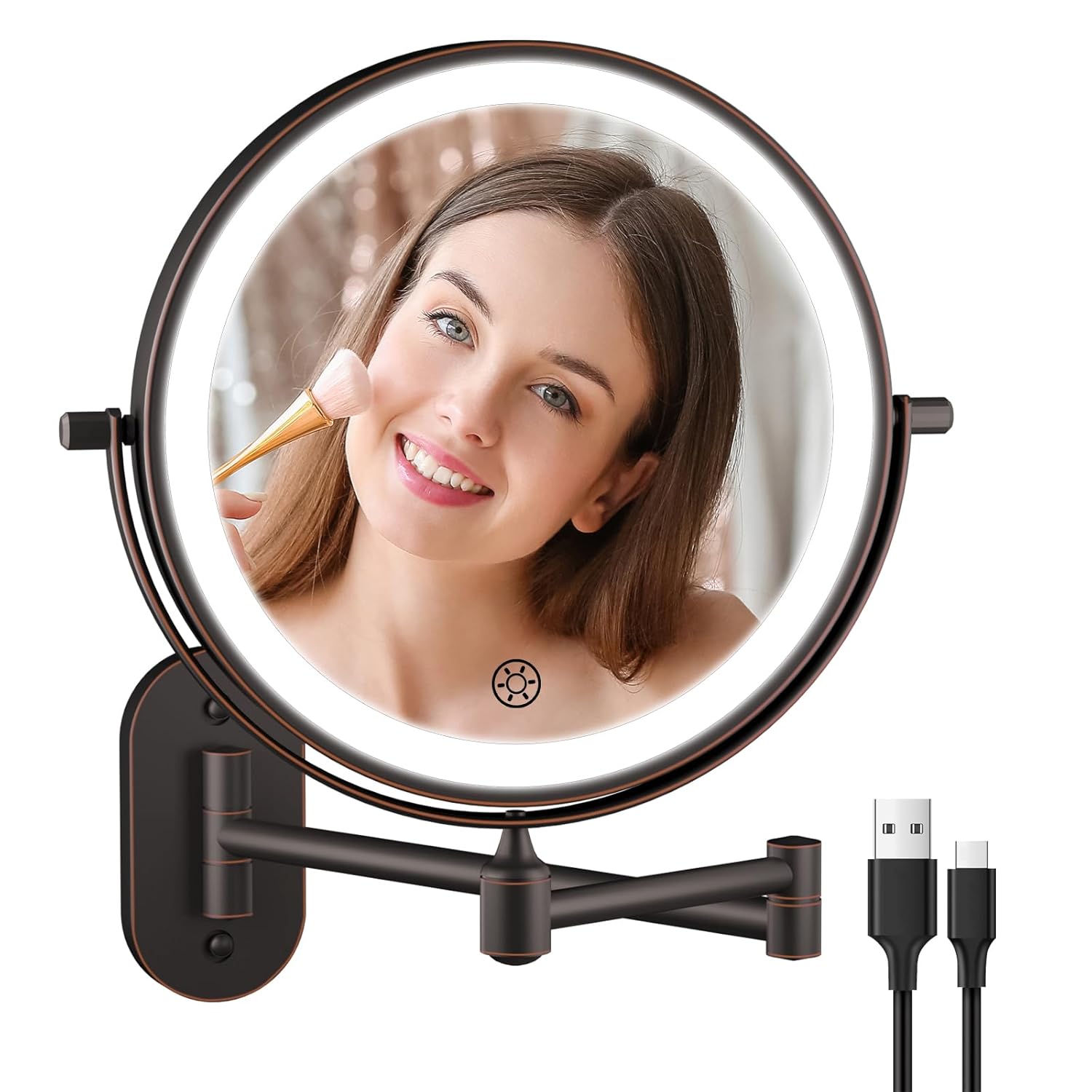 FUNTOUCH 5000mAh Rechargeable Wall Mounted Lighted Makeup Vanity Mirrors, Double Sided 1X 30X Magnifying, 3 Color Lighting, Touch Screen Dimming, Extended Arm 360 Rotation Shaving Bathroom Mirror
