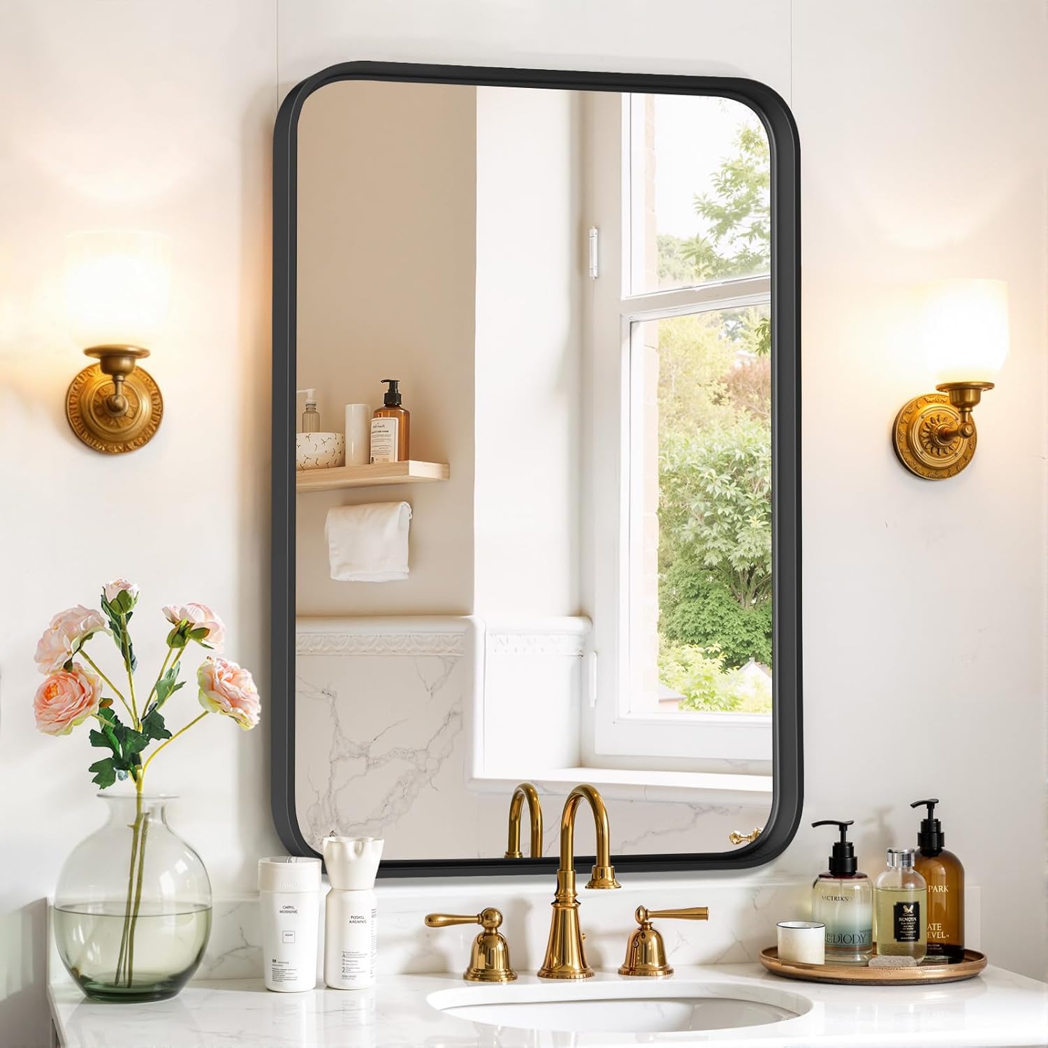 Bathroom Mirror 36x24 Inch Black Metal Frame Rectangle Vanity Mirror with Rounded Corners, Modern Wall Mounted Anti-Rust Mirror for Farmhouse, Restroom, Entryway, Horizontal or Vertical Hanging