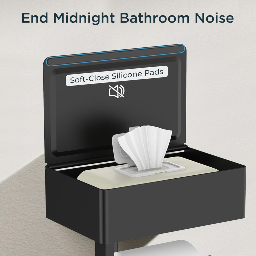 FORIOUS Toilet Paper Holder with Shelf, SUS304 Stainless Steel Wall Mount Toilet Paper Roll Holder, Flushable Wipes Dispenser Fits for Bathroom Wipe Storage, Bathroom Organizer (1, Matte Black)