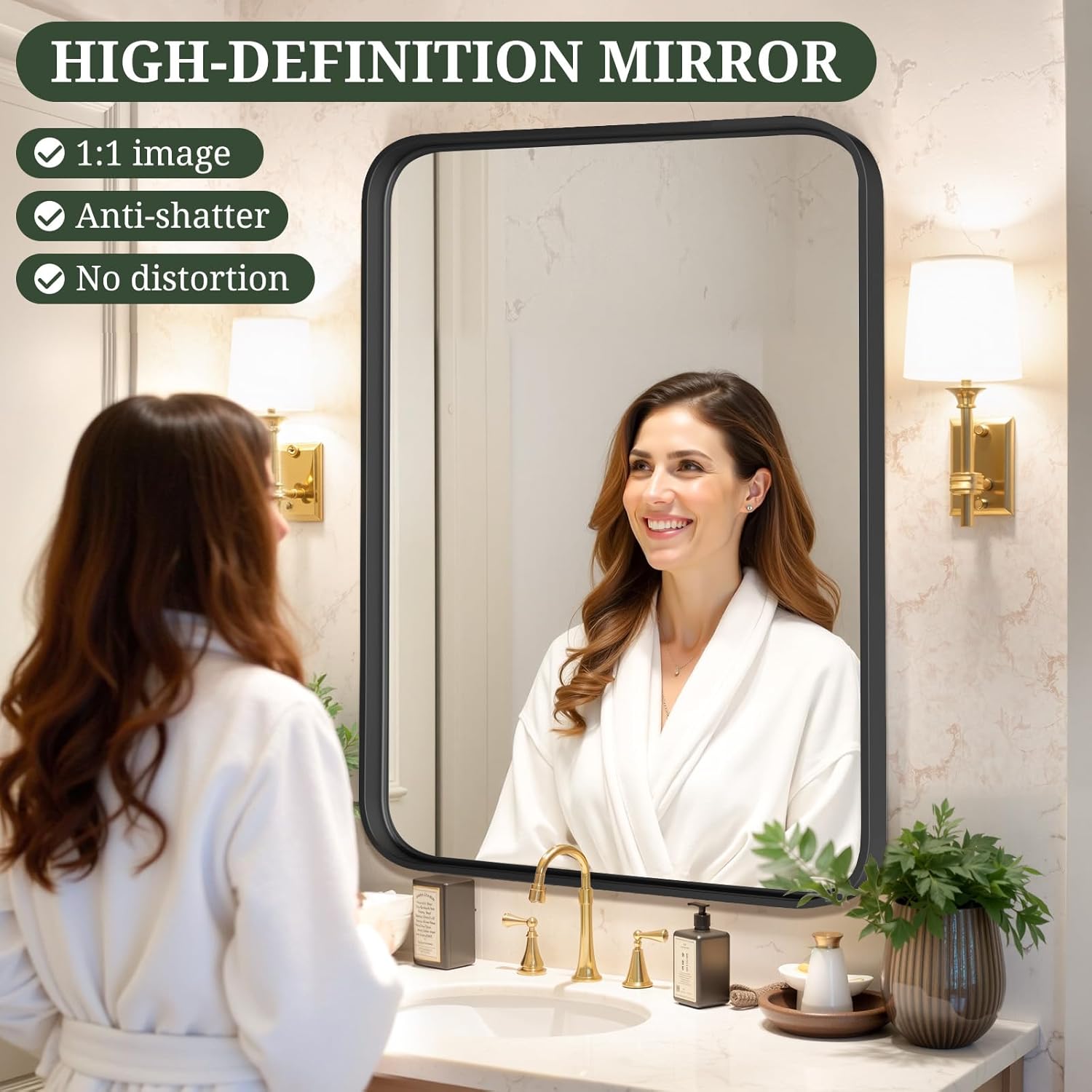 Bathroom Mirror 36x24 Inch Black Metal Frame Rectangle Vanity Mirror with Rounded Corners, Modern Wall Mounted Anti-Rust Mirror for Farmhouse, Restroom, Entryway, Horizontal or Vertical Hanging
