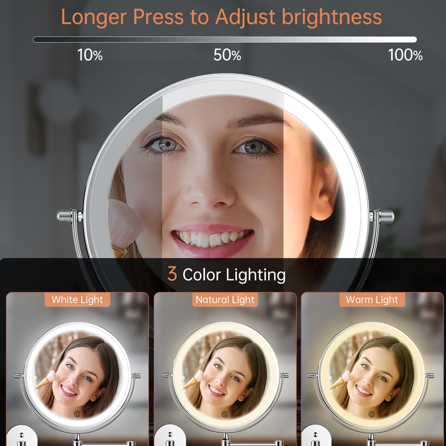 FUNTOUCH 5000mAh Rechargeable Wall Mounted Lighted Makeup Vanity Mirrors, Double Sided 1X 30X Magnifying, 3 Color Lighting, Touch Screen Dimming, Extended Arm 360 Rotation Shaving Bathroom Mirror