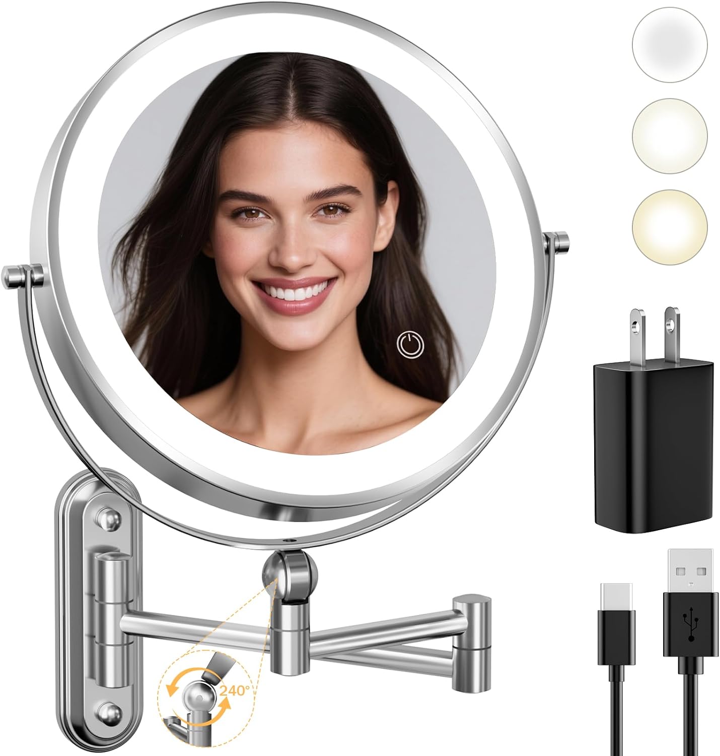 Rocollos Rechargeable Wall Mounted Lighted Makeup Mirror Chrome, 8 Inch Double-Sided LED Vanity Mirror 1X/10X Magnification,3 Color Lights Touch Screen Dimmable 360°Swivel 13 Inch Extendable