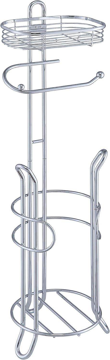 SunnyPoint Bathroom Heavyweight Toilet Tissue Paper Roll Storage Holder Stand with Reserve and Shelve, The Reserve Area Has Enough Space to Store Mega Rolls. (Chrome)