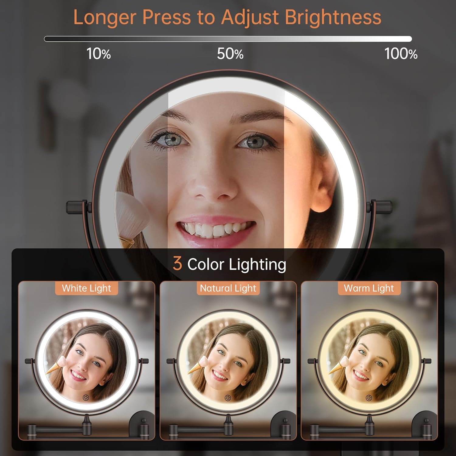 5000mAh Rechargeable Wall Mounted Lighted Makeup Vanity Mirror Double Sided 1X 30X Magnifying Bathroom Mirror, 3 Color Lighting, Touch Dimming, Extended Arm 360 Rotation Light up Mirror Antique Bronze