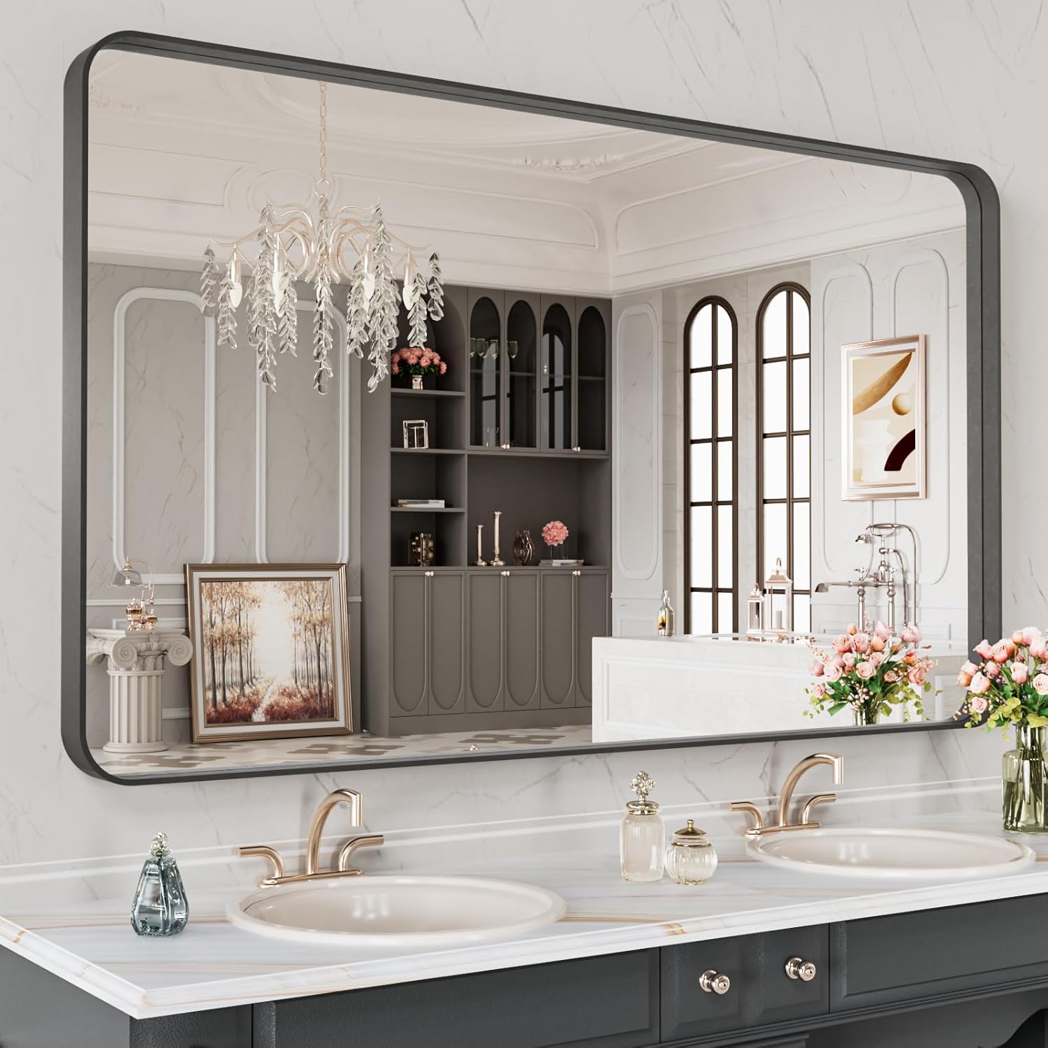 LOAAO Black Metal Framed Bathroom Mirror for Wall, 22X30 Inch Rounded Rectangle Mirror, Matte Black Bathroom Vanity Mirror Farmhouse, Anti-Rust, Hangs Horizontally or Vertically