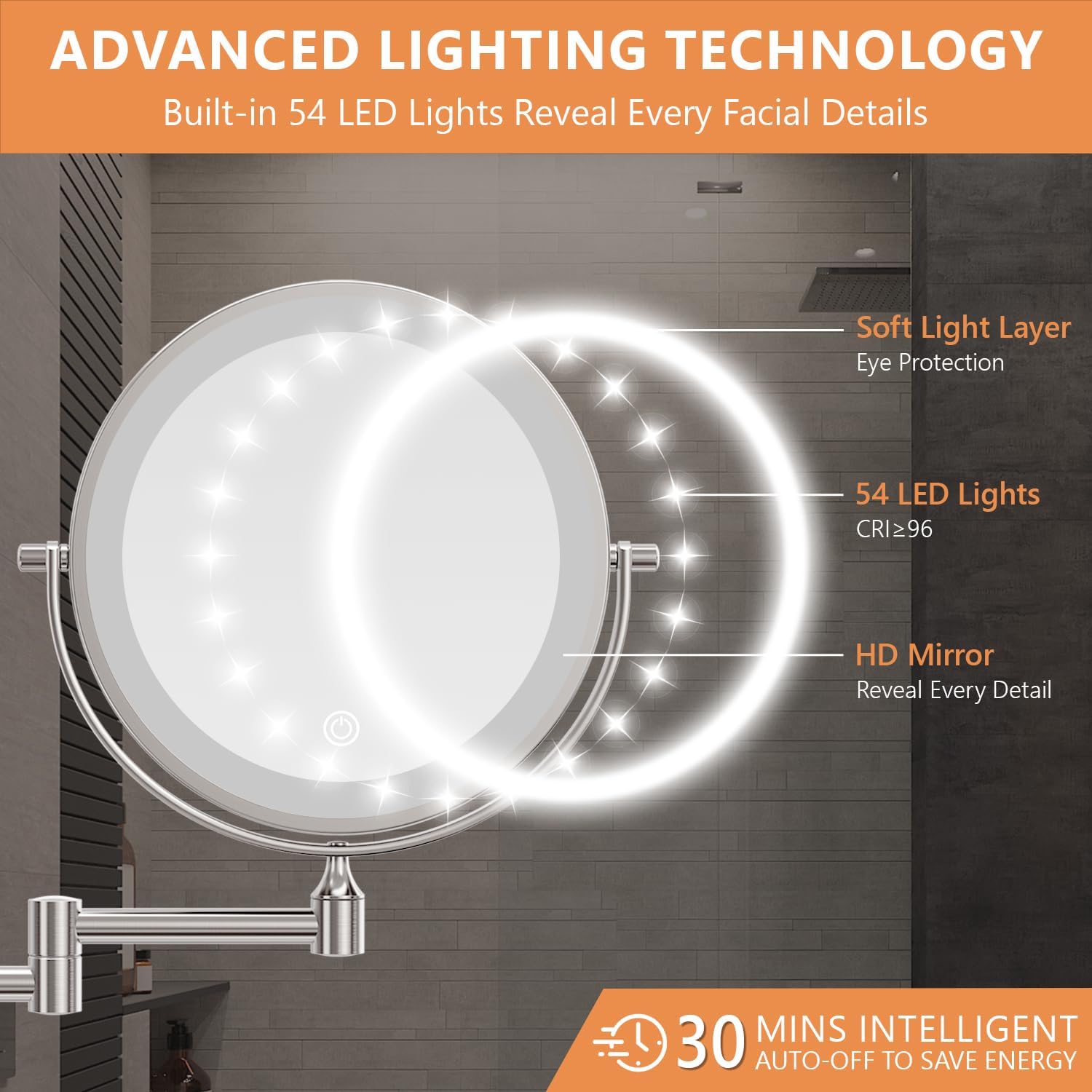 Auxmir 1X/30X Wall Mounted Lighted Makeup Mirror, 8" Rechargeable Double-Sided Magnifying Mirror with Light, Touch Dimmable 3 Color Light, 360° Rotation Foldable Extended Arm, Chrome