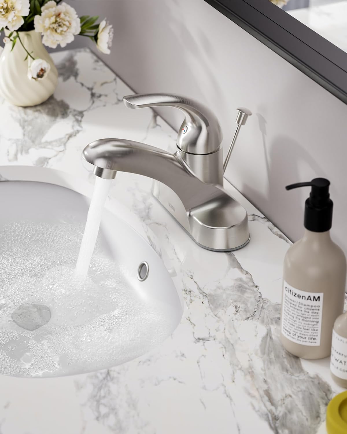 WOWOW Bathroom Faucet 1 Handle Low Arc Single Handle 4 inch Centerset Bathroom Sink Faucet with Pop Up Drain Assembly Basin Mixer Tap Brushed Nickel Vanity Faucets