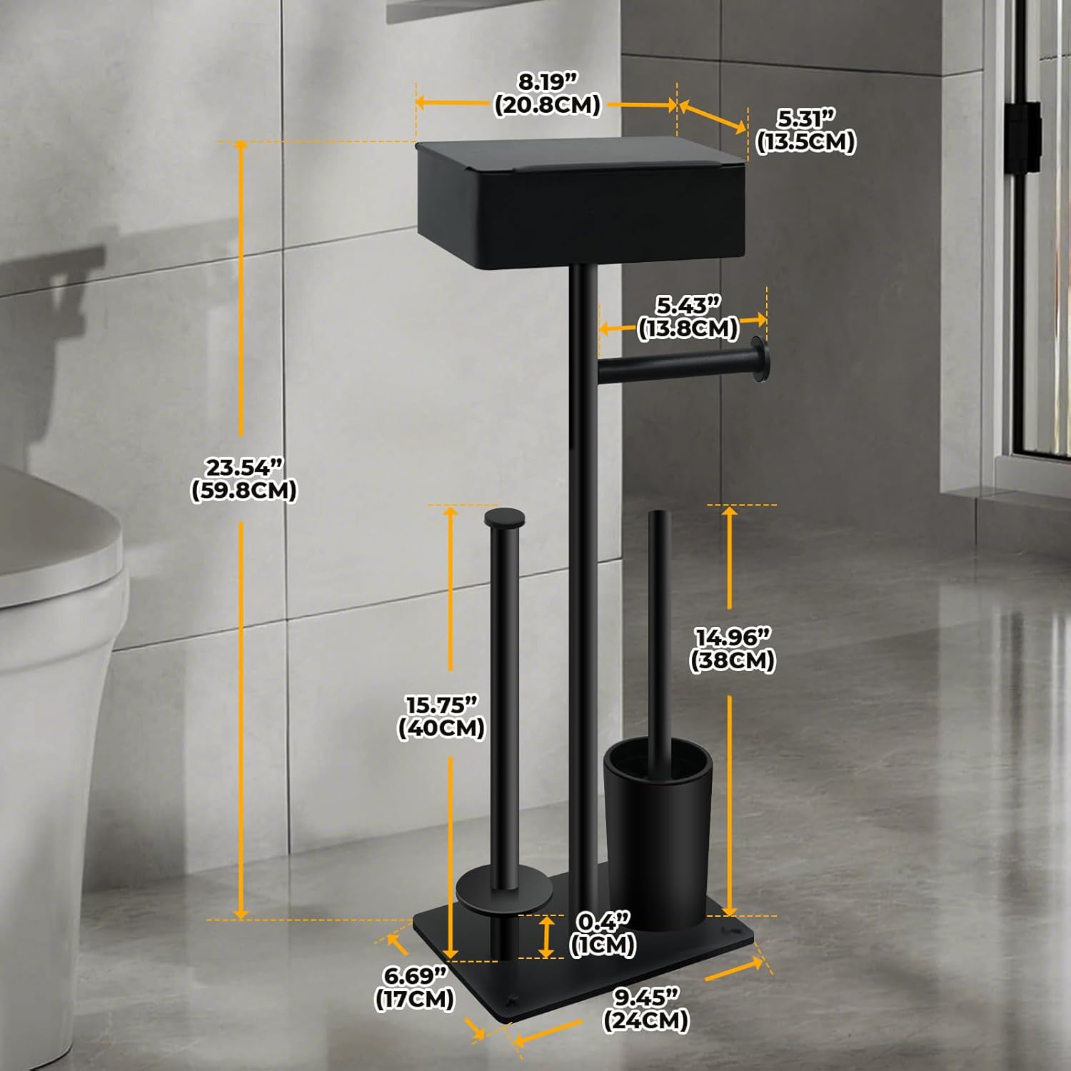 Freestanding Toilet Paper Holder Stand with Shelf for 7 Rolls, Free Standing Black Toilet Paper Roll Holder with Wipes Storage Drawer, Rustproof Metal Floor Bathroom Tissue Holder for Bathroom