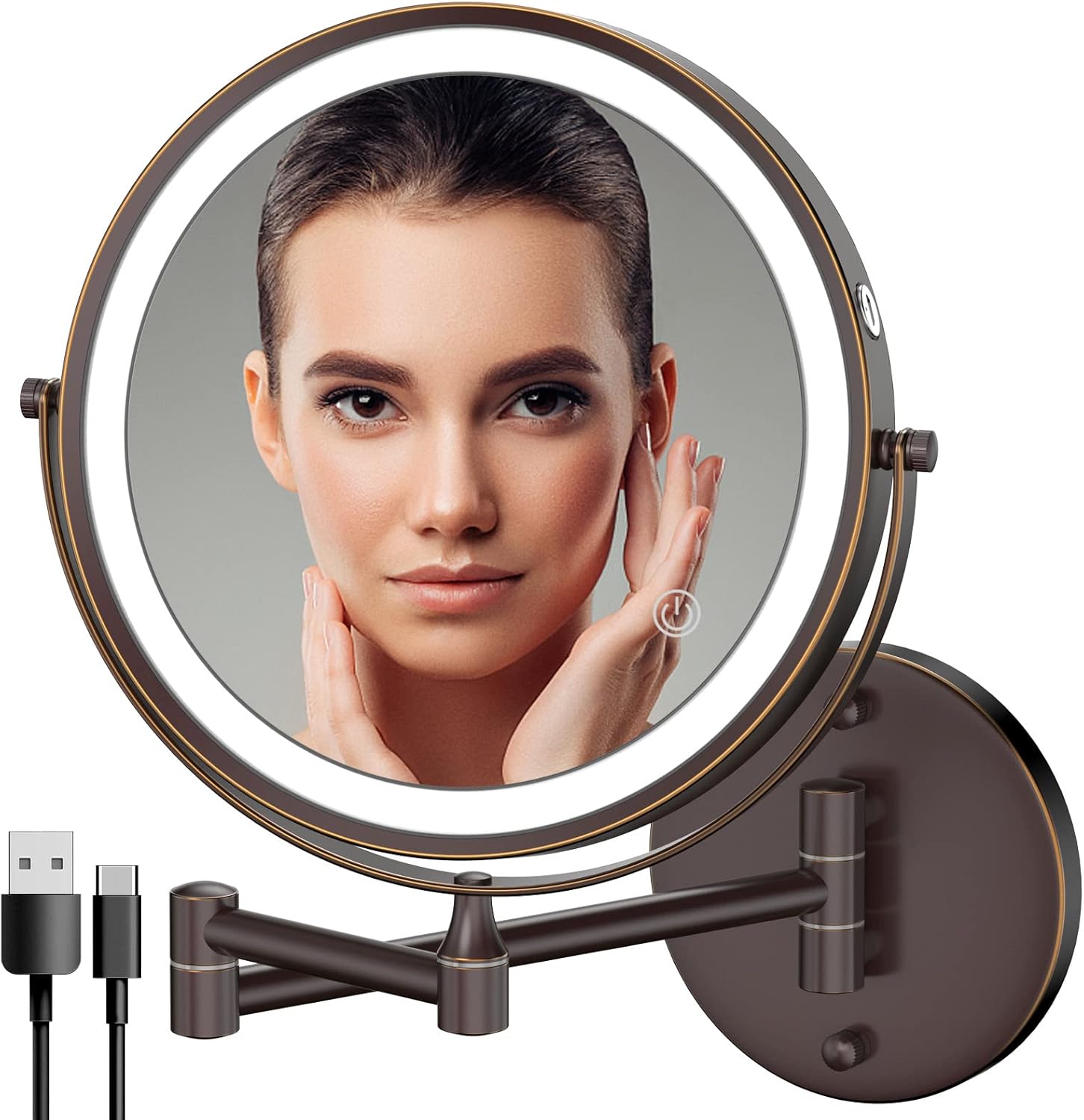 Rocollos Rechargeable Wall Mounted Lighted Makeup Mirror Chrome, 8 Inch Double-Sided LED Vanity Mirror 1X/10X Magnification,3 Color Lights Touch Screen Dimmable 360°Swivel 13 Inch Extendable