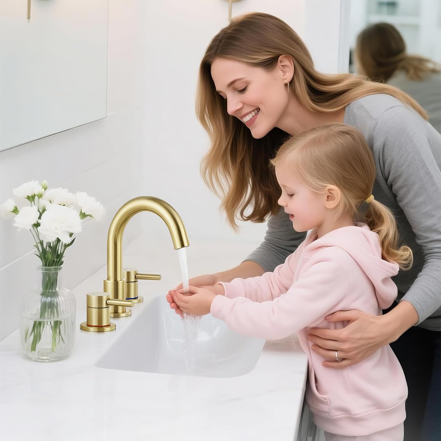 Bathroom Faucet 3 Hole, Brushed Gold Bathroom Sink Faucet with Pop Up Drain, 8 inch Widespread Bathroom Faucet with 360° Swivel Spout, 2 Handle Vanity Faucet with Water Supply Hoses