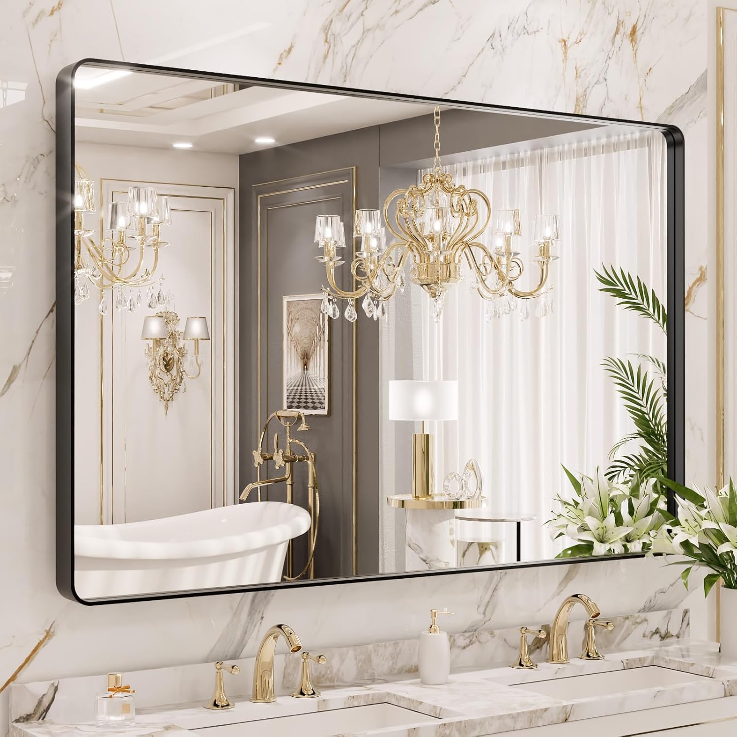 LOAAO Black Metal Framed Bathroom Mirror for Wall, 22X30 Inch Rounded Rectangle Mirror, Matte Black Bathroom Vanity Mirror Farmhouse, Anti-Rust, Hangs Horizontally or Vertically