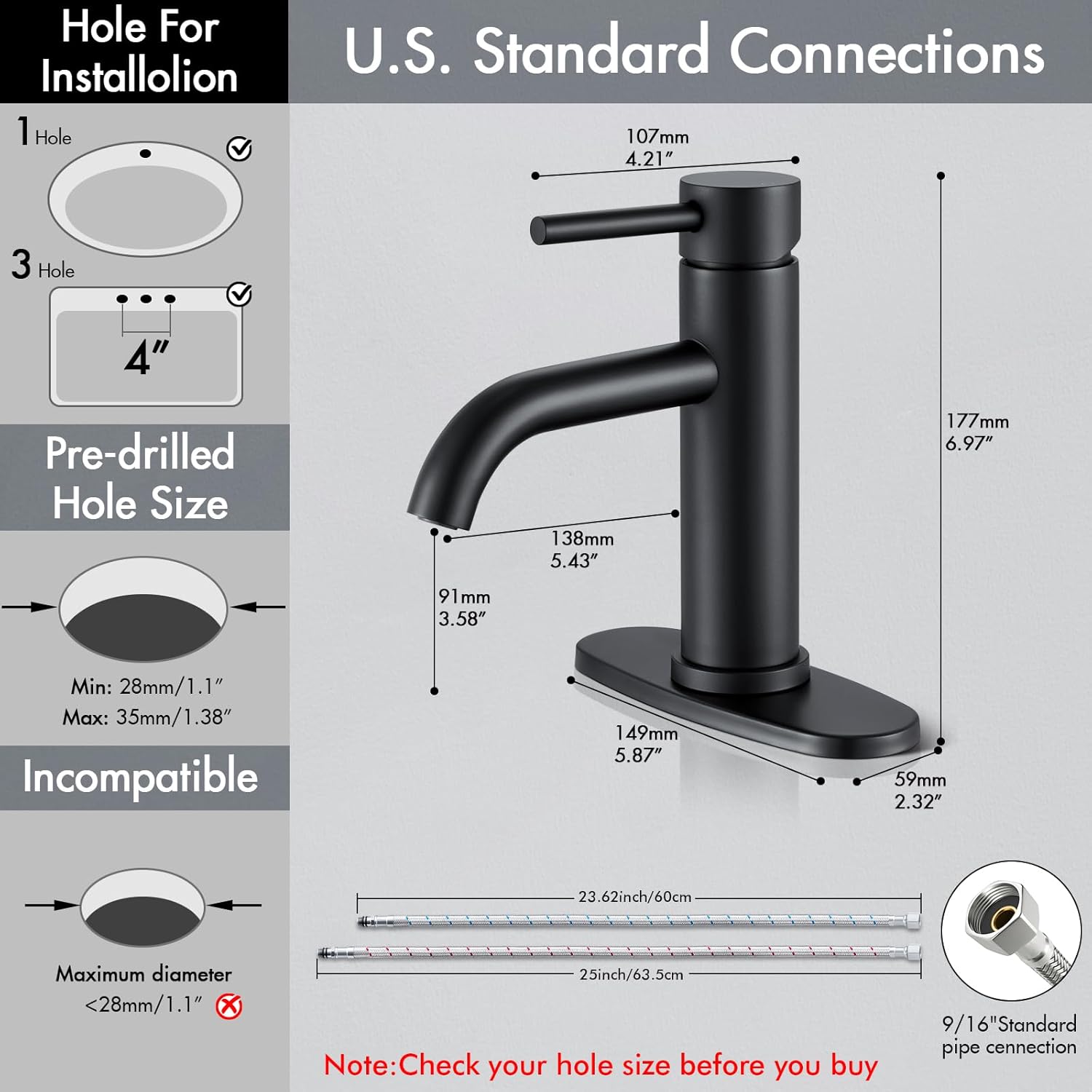 Black Bathroom Faucet, WINKEAR Single Hole Bathroom Faucet with Pop-up Drain and Flexible Hoses, Single Handle Faucet for Bathroom Sink, Vanity, RV, Modern Farmhouse, Suitable for 1 Hole or 3 Hole
