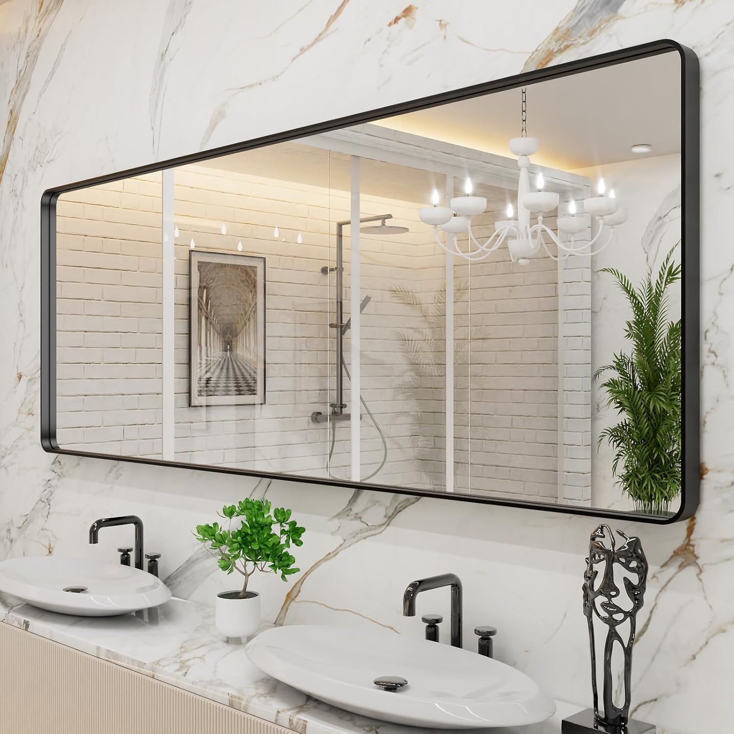 LOAAO Black Metal Framed Bathroom Mirror for Wall, 22X30 Inch Rounded Rectangle Mirror, Matte Black Bathroom Vanity Mirror Farmhouse, Anti-Rust, Hangs Horizontally or Vertically