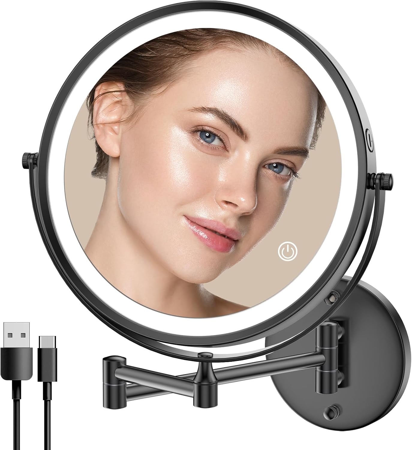 Rocollos Rechargeable Wall Mounted Lighted Makeup Mirror Chrome, 8 Inch Double-Sided LED Vanity Mirror 1X/10X Magnification,3 Color Lights Touch Screen Dimmable 360°Swivel 13 Inch Extendable