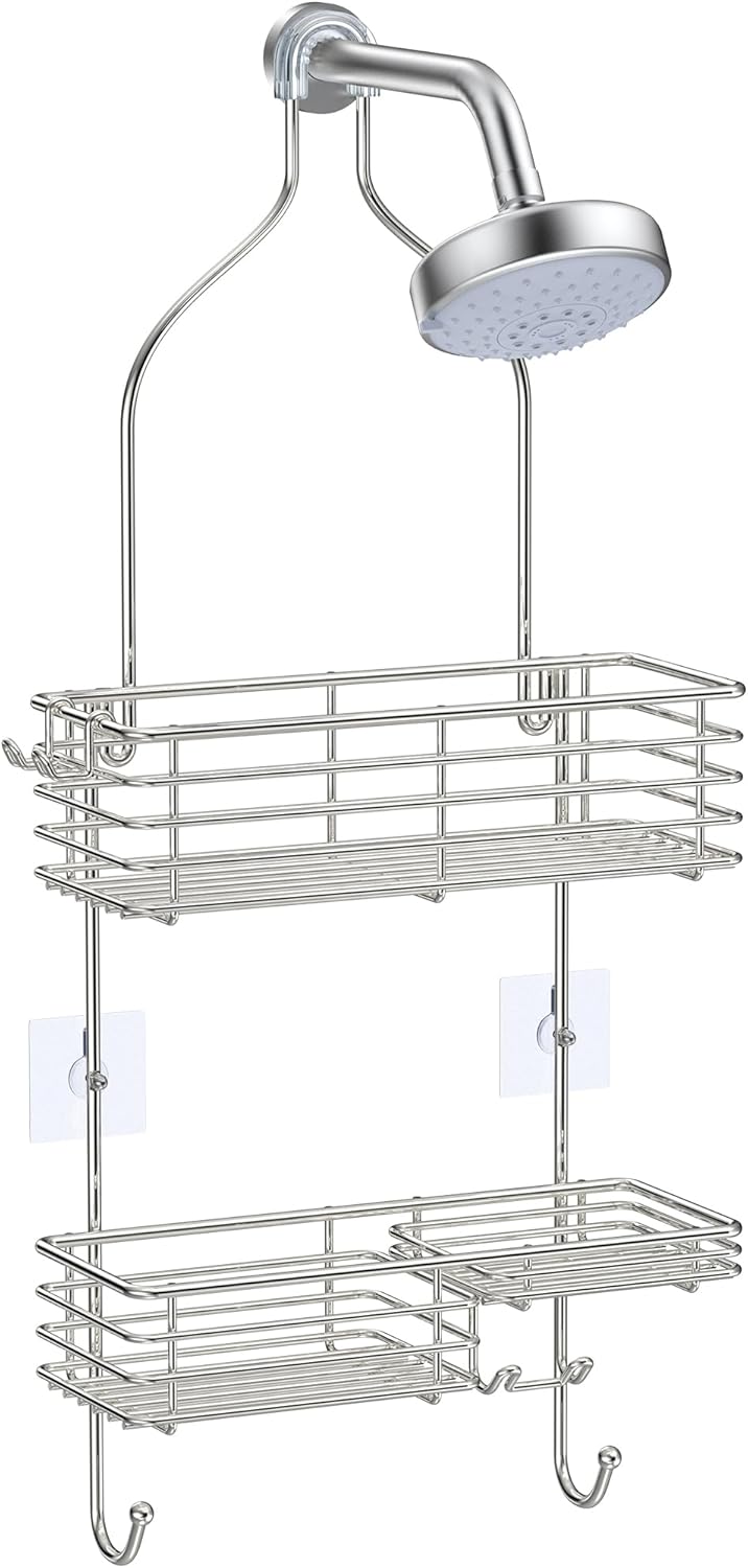 SMARTAKE Hanging Shower Head Caddy, Rustproof Bathroom Shower Shelf Organizer, SUS201 Stainless Steel Over The Storage Rack, for Toilet, Bathroom, Silver