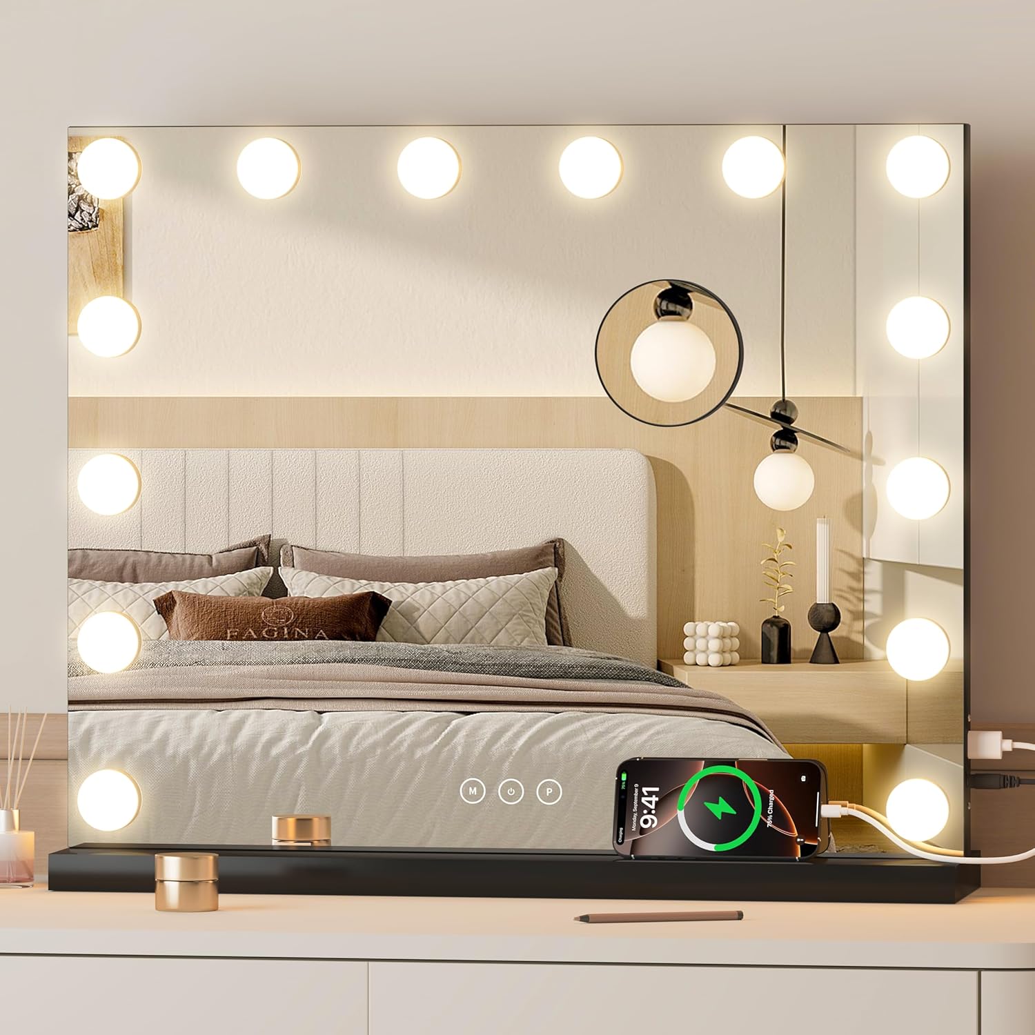 Vanity Mirror with Lights Lighted Makeup Mirror with 15 Dimmable LED Bulbs,3 Color Lighting Modes,USB Charging Port Touch Control,Sturdy Metal Frame Design 24x18 Inch,White