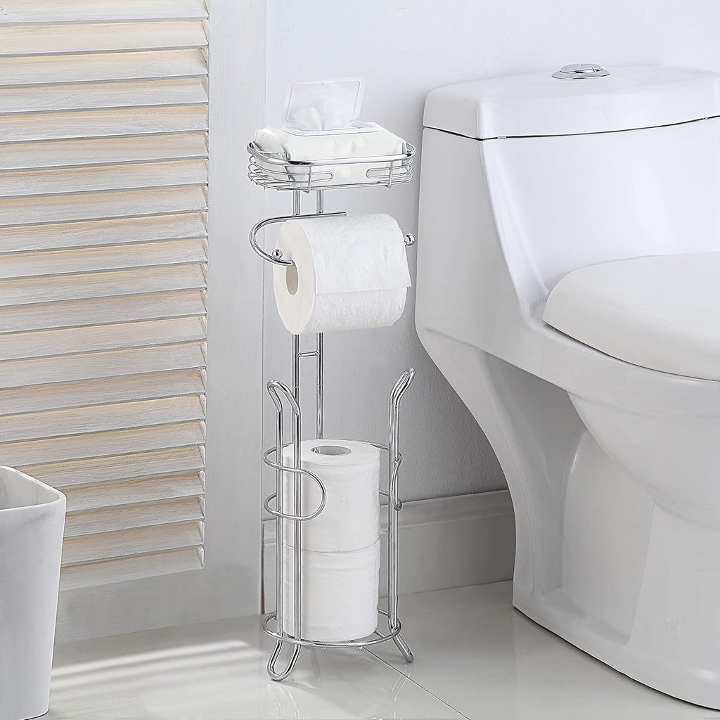 SunnyPoint Bathroom Heavyweight Toilet Tissue Paper Roll Storage Holder Stand with Reserve and Shelve, The Reserve Area Has Enough Space to Store Mega Rolls. (Chrome)