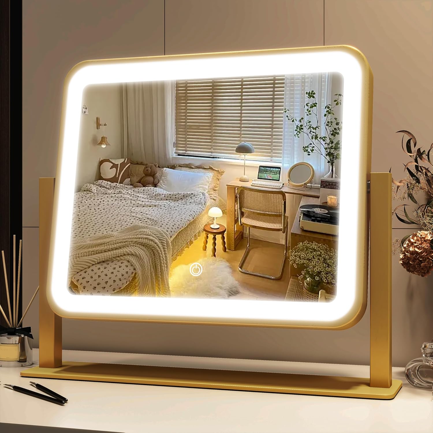 FENNIO 23" x 18" Vanity Mirror with Lights，LED Makeup Mirror，Hollywood Mirror with 3 Color Modes & Adjustable Brightness，Vanity Mirror Square White