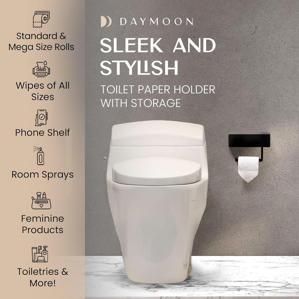 Day Moon™ Matte Black Toilet Paper Holder with Shelf, Wipe Holder for Bathroom Flushable Wipes Dispenser Toilet Paper and Wipes Holder Toilet Paper Holder with Storage