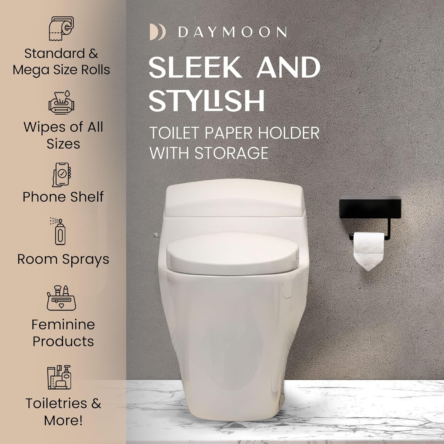 Day Moon™ Matte Black Toilet Paper Holder with Shelf, Wipe Holder for Bathroom Flushable Wipes Dispenser Toilet Paper and Wipes Holder Toilet Paper Holder with Storage