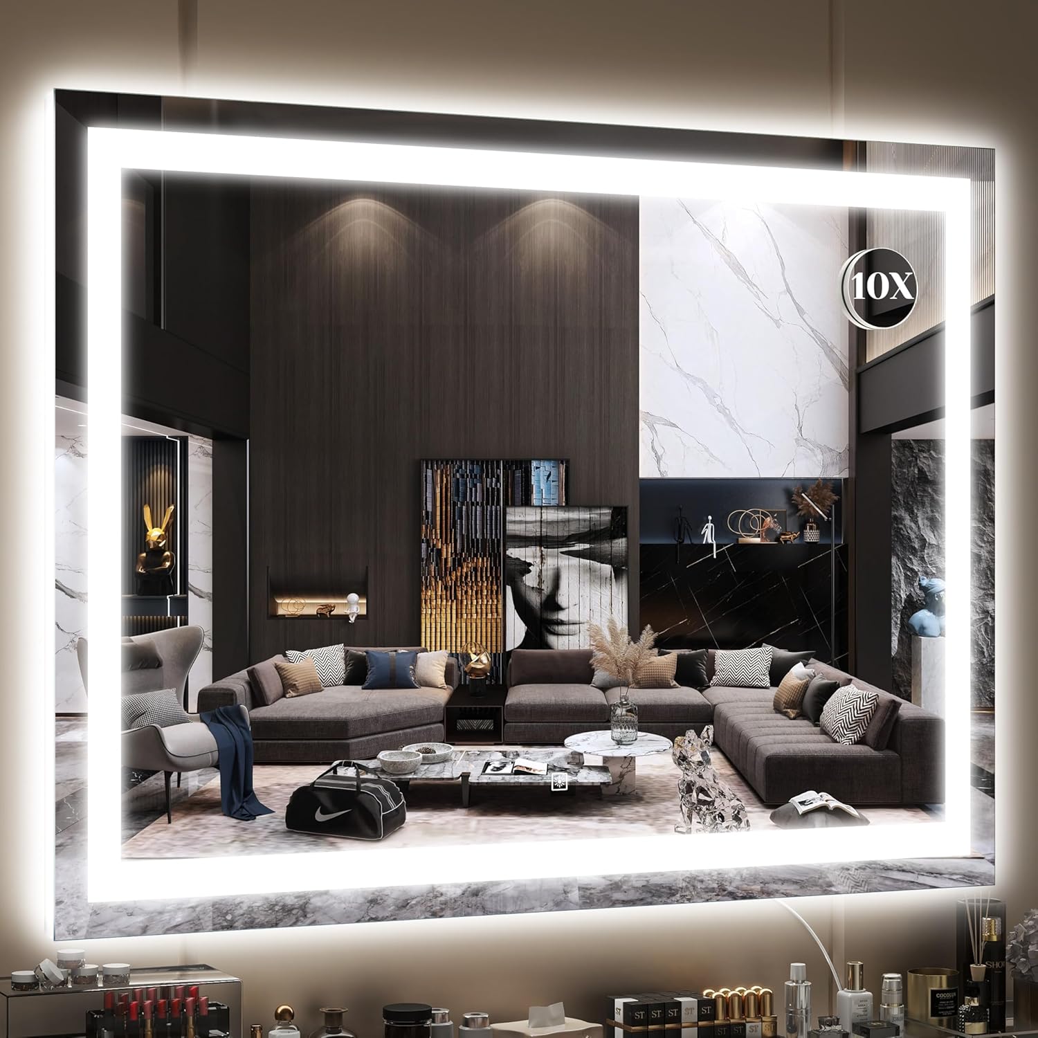 FENNIO 23" x 18" Vanity Mirror with Lights，LED Makeup Mirror，Hollywood Mirror with 3 Color Modes & Adjustable Brightness，Vanity Mirror Square White