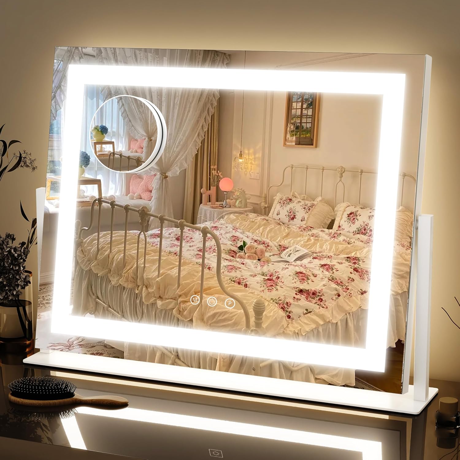 FENNIO 23" x 18" Vanity Mirror with Lights，LED Makeup Mirror，Hollywood Mirror with 3 Color Modes & Adjustable Brightness，Vanity Mirror Square White