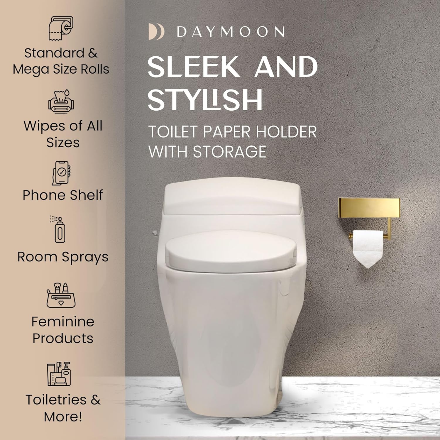 Day Moon™ Brushed Gold Toilet Paper Holder with Shelf, Wipe Holder for Bathroom Flushable Wipes Dispenser, Toilet Paper and Wipes Holder, Toilet Paper Holder with Storage