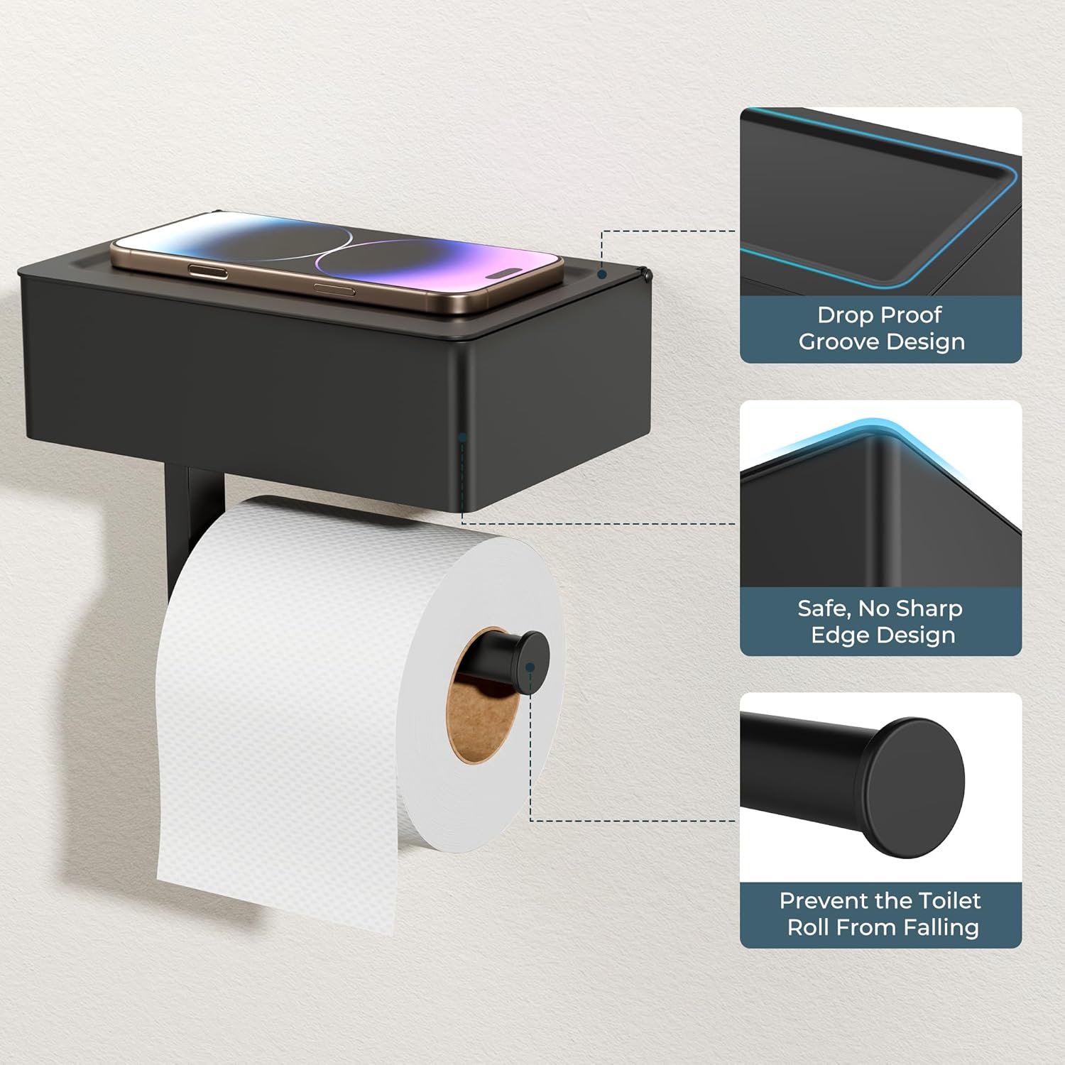 FORIOUS Toilet Paper Holder with Shelf, SUS304 Stainless Steel Wall Mount Toilet Paper Roll Holder, Flushable Wipes Dispenser Fits for Bathroom Wipe Storage, Bathroom Organizer (1, Matte Black)