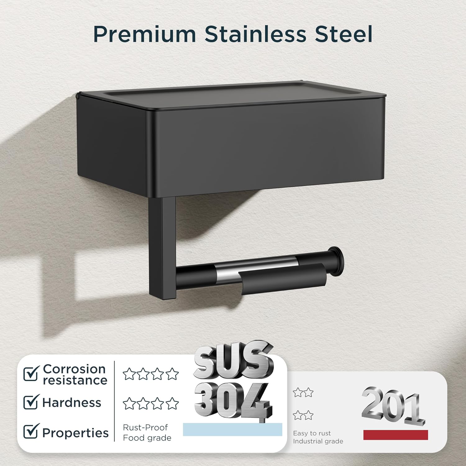 FORIOUS Toilet Paper Holder with Shelf, SUS304 Stainless Steel Wall Mount Toilet Paper Roll Holder, Flushable Wipes Dispenser Fits for Bathroom Wipe Storage, Bathroom Organizer (1, Matte Black)