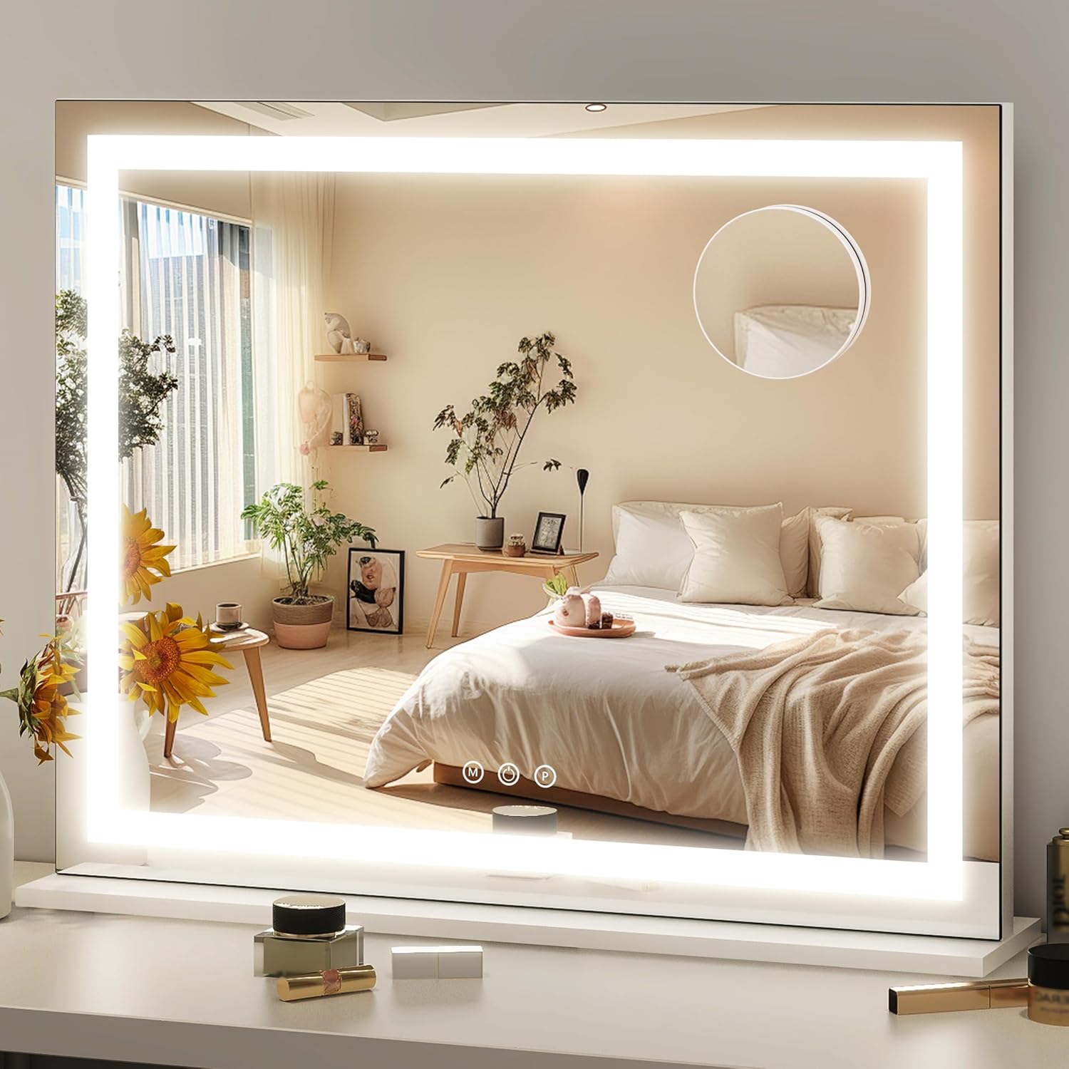 FENNIO 23" x 18" Vanity Mirror with Lights，LED Makeup Mirror，Hollywood Mirror with 3 Color Modes & Adjustable Brightness，Vanity Mirror Square White