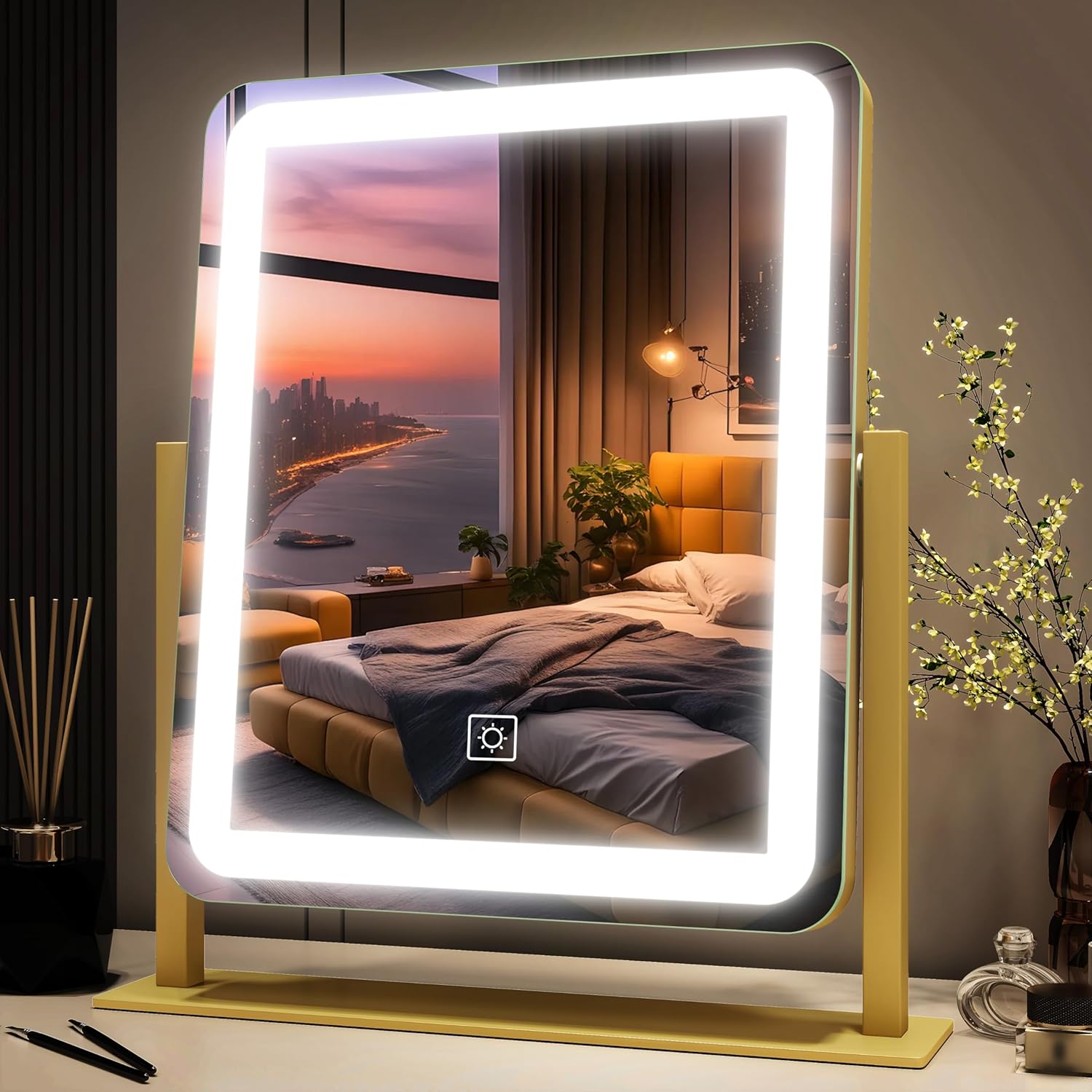 FENNIO 23" x 18" Vanity Mirror with Lights，LED Makeup Mirror，Hollywood Mirror with 3 Color Modes & Adjustable Brightness，Vanity Mirror Square White