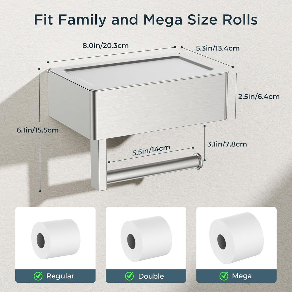 FORIOUS Toilet Paper Holder with Shelf, SUS304 Stainless Steel Wall Mount Toilet Paper Roll Holder, Flushable Wipes Dispenser Fits for Bathroom Wipe Storage, Bathroom Organizer (1, Brushed Nickel)