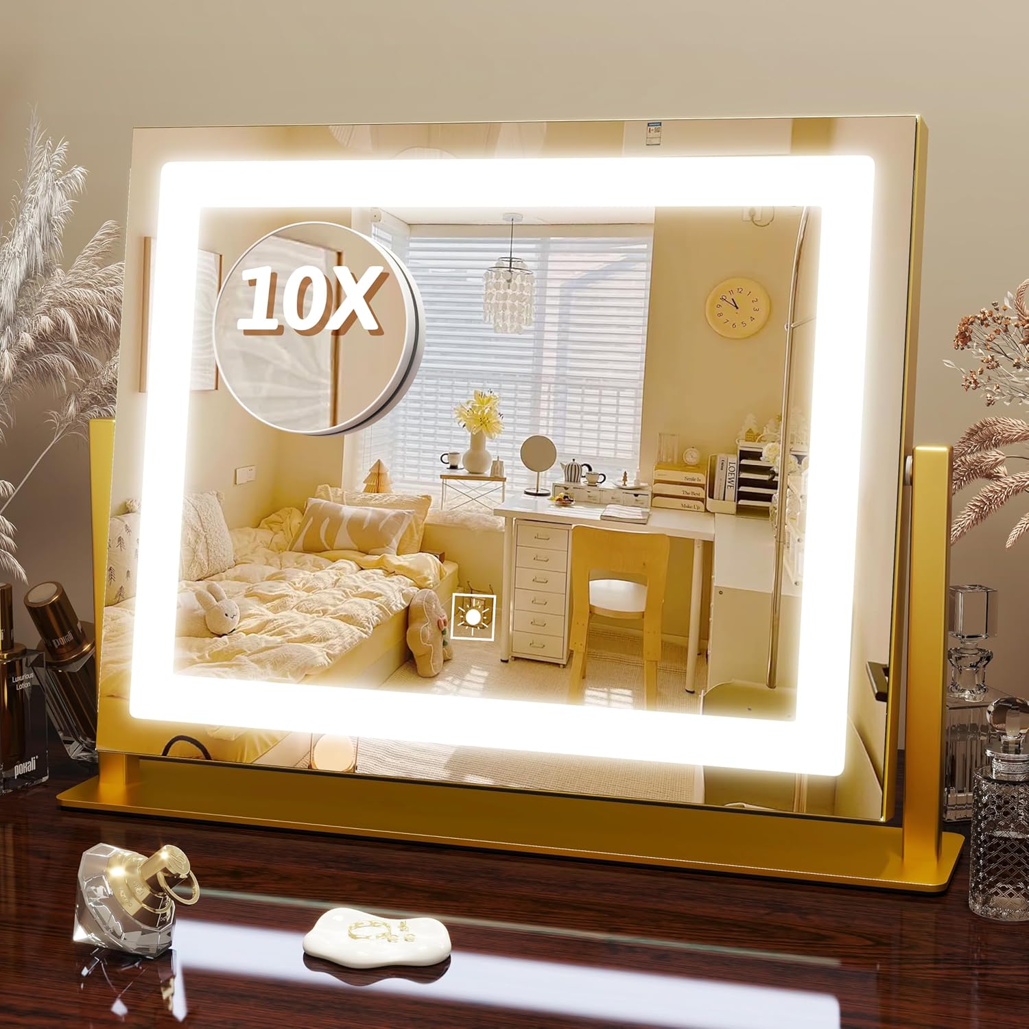 FENNIO 23" x 18" Vanity Mirror with Lights，LED Makeup Mirror，Hollywood Mirror with 3 Color Modes & Adjustable Brightness，Vanity Mirror Square White