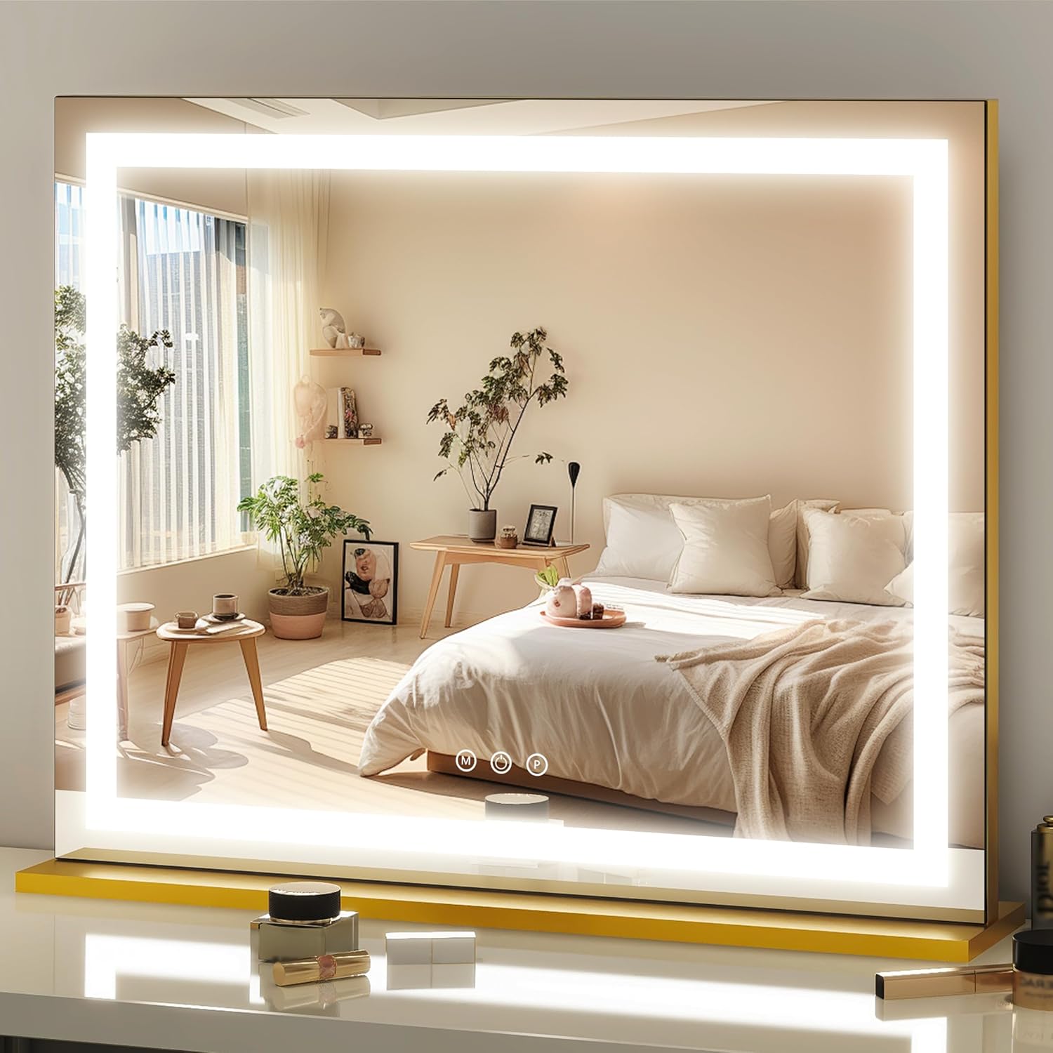 FENNIO 23" x 18" Vanity Mirror with Lights，LED Makeup Mirror，Hollywood Mirror with 3 Color Modes & Adjustable Brightness，Vanity Mirror Square White