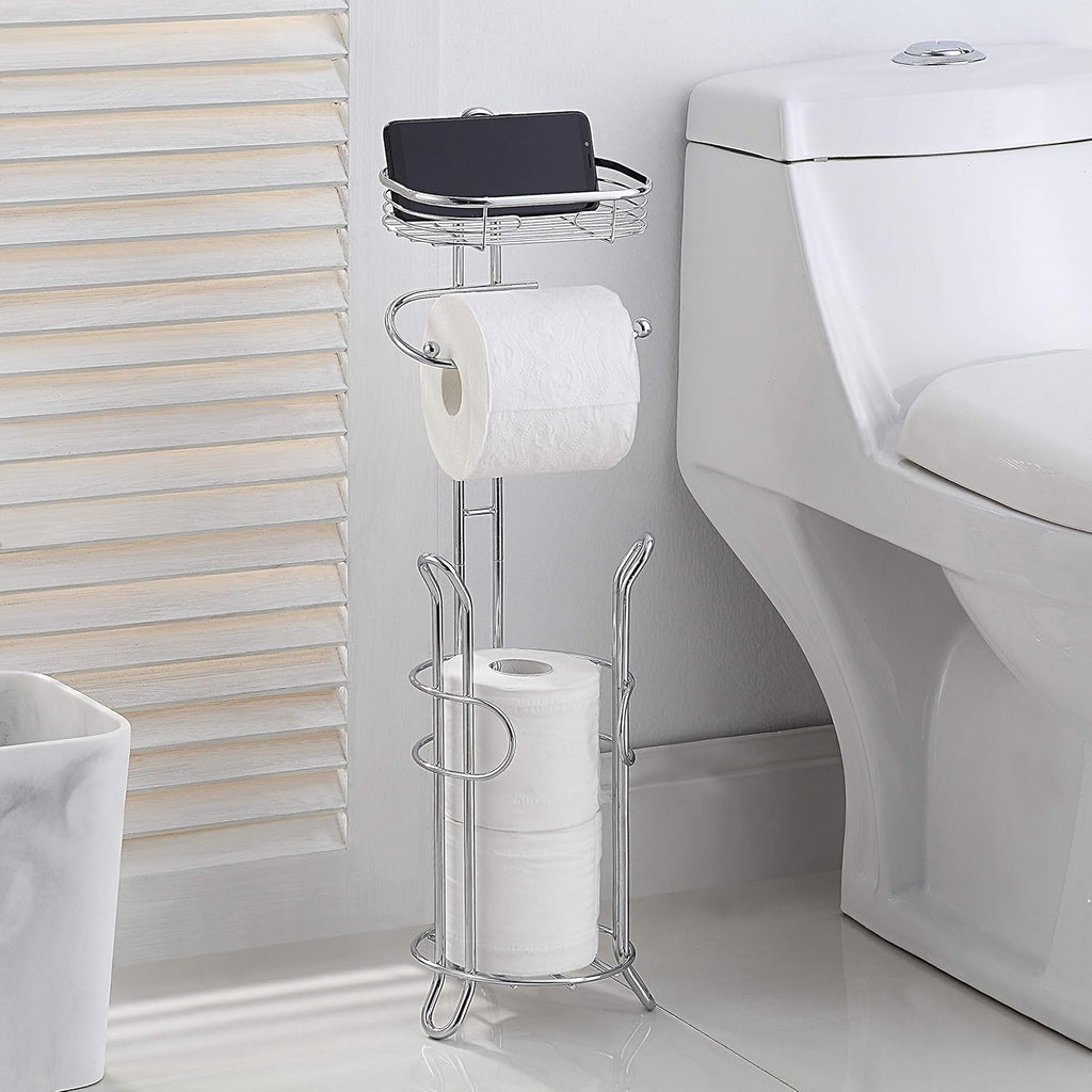 SunnyPoint Bathroom Heavyweight Toilet Tissue Paper Roll Storage Holder Stand with Reserve and Shelve, The Reserve Area Has Enough Space to Store Mega Rolls. (Chrome)
